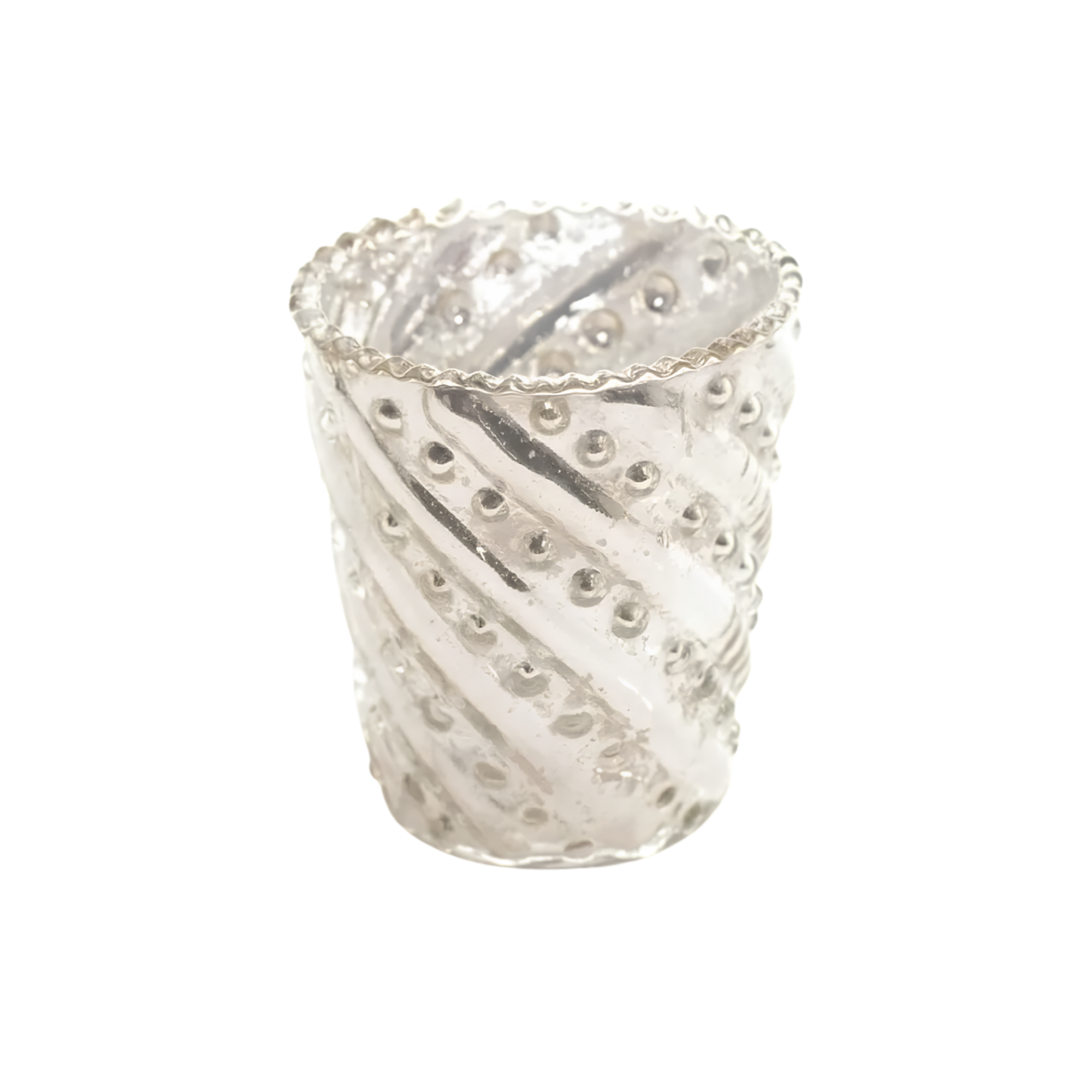 An ornate silver cup with intricate patterns and a reflective surface, set against a plain white background.