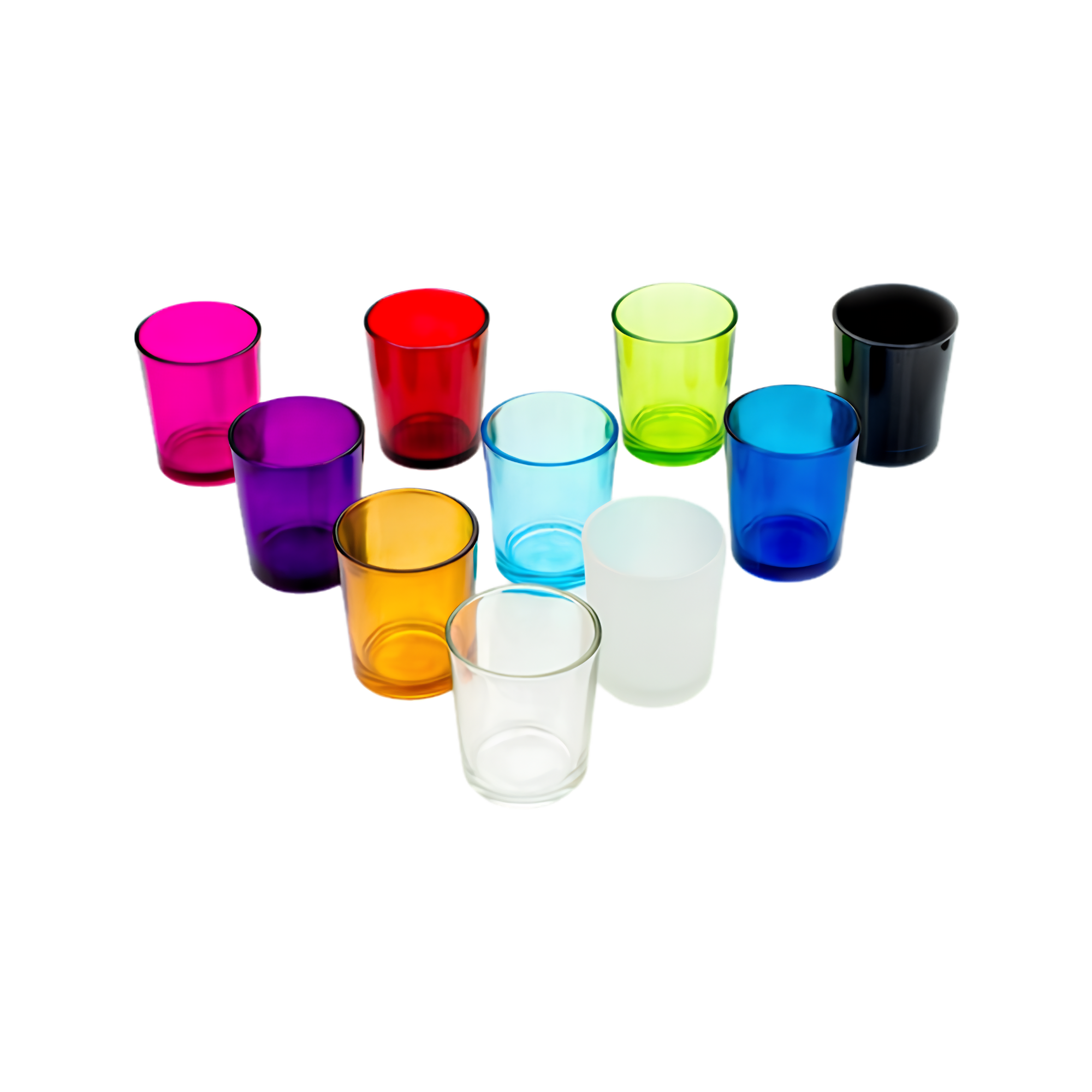 Multi-colored glass cups arranged on a reflective surface.