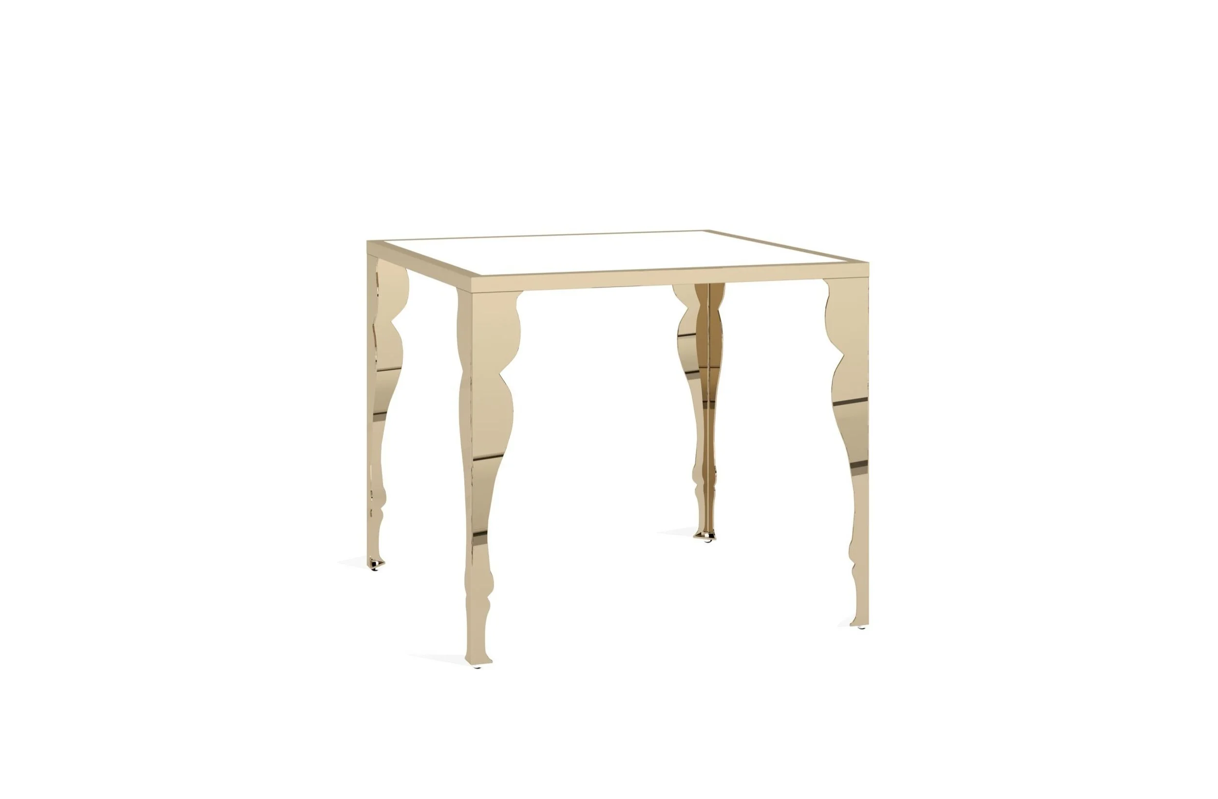 A cream-colored, ornate table with curved legs and reflective accents.