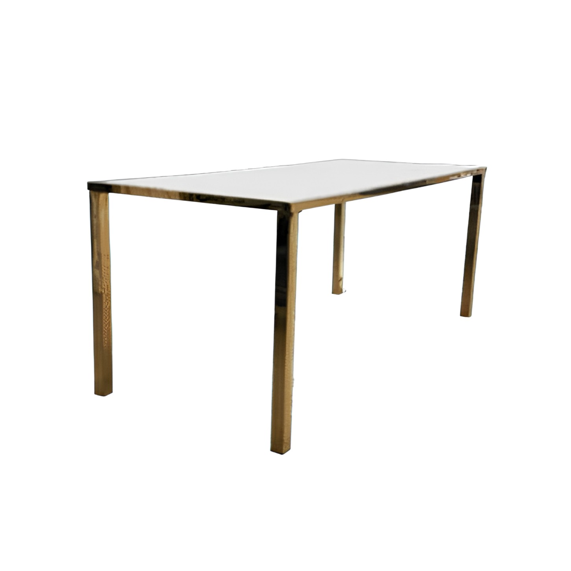 A wooden table with a white top against a plain white background.