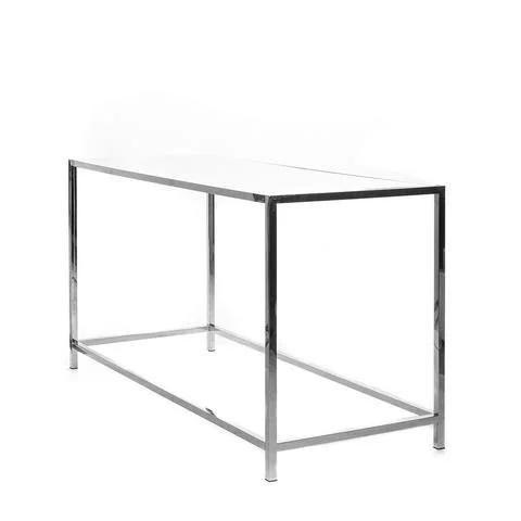 A modern, minimalist desk with a metal frame and white tabletop against a white background.