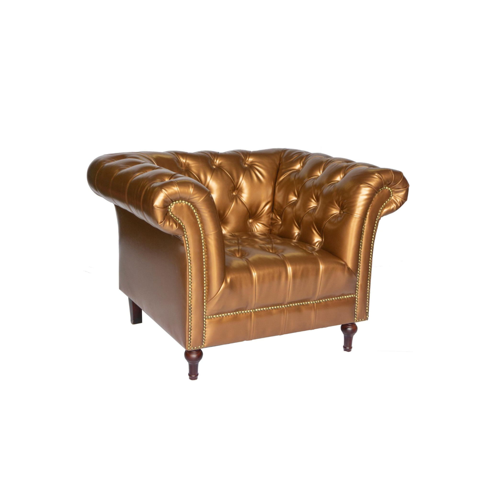 Brown leather tufted armchair with rolled arms and nailhead trim, set against a plain white background.