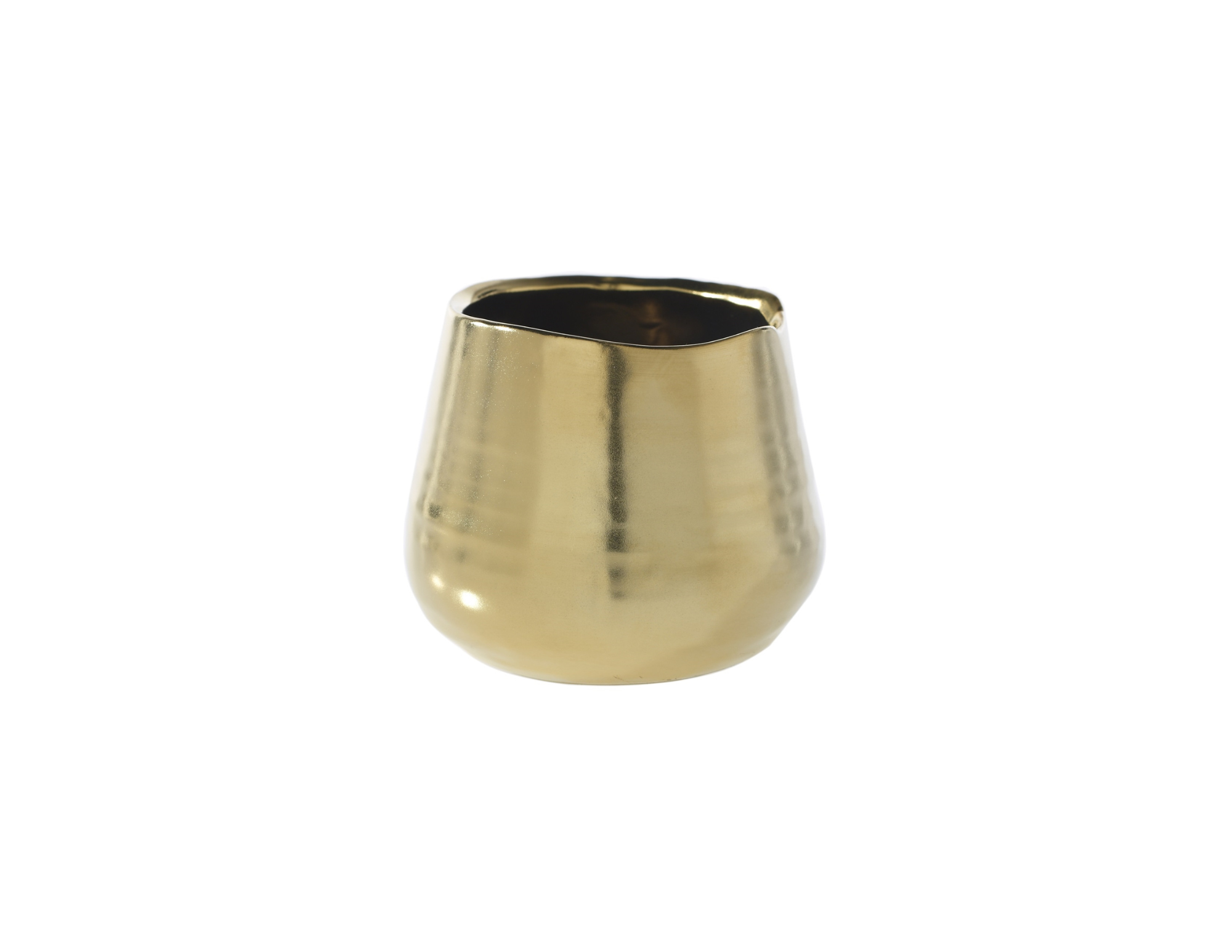 A gold metallic vase with a wide, irregular opening, and a smooth, reflective surface.