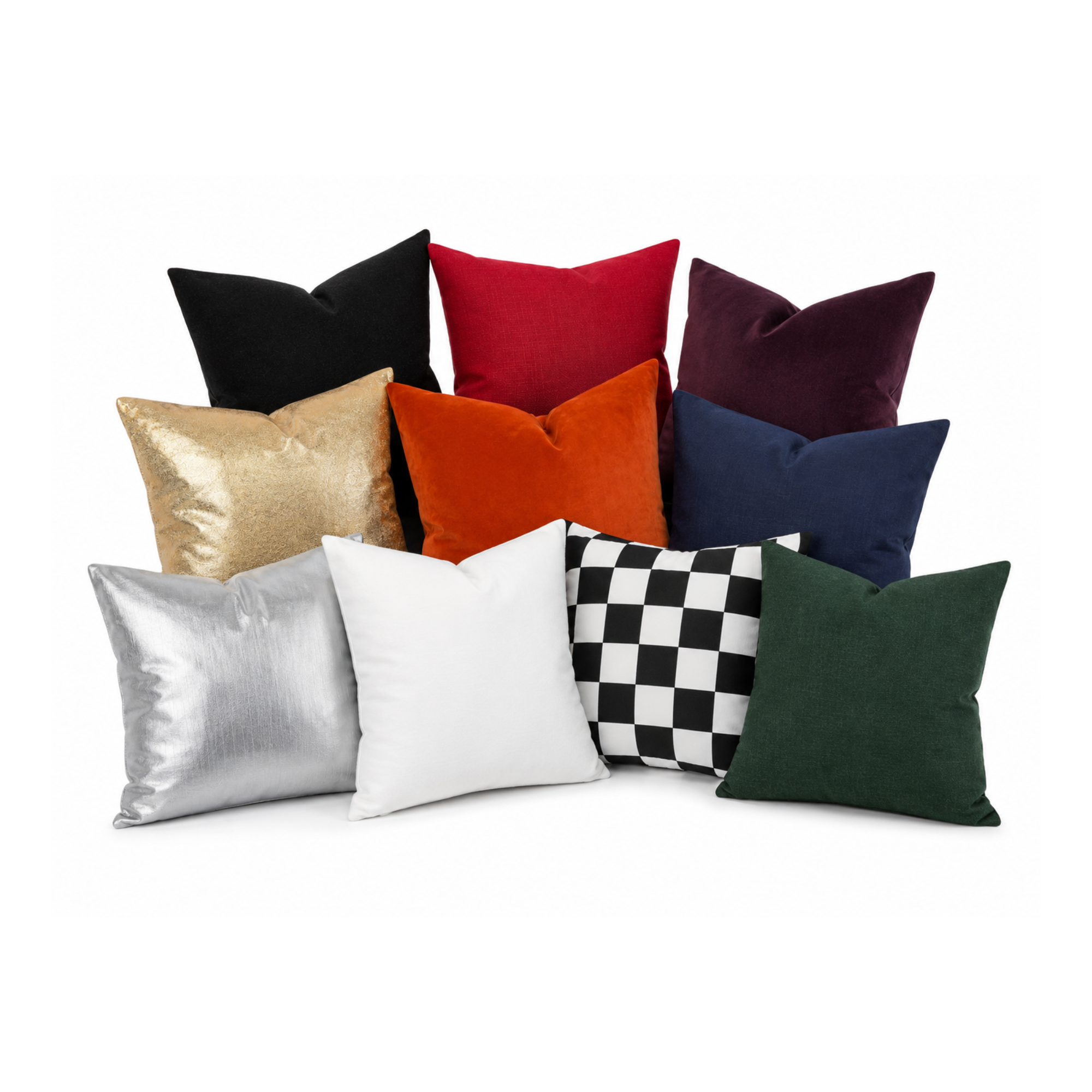 A collection of assorted decorative pillows in various colors and fabrics, arranged on a white background.