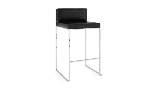 Black and white bar stool with a cushioned seat and backrest, metal frame, and footrest.