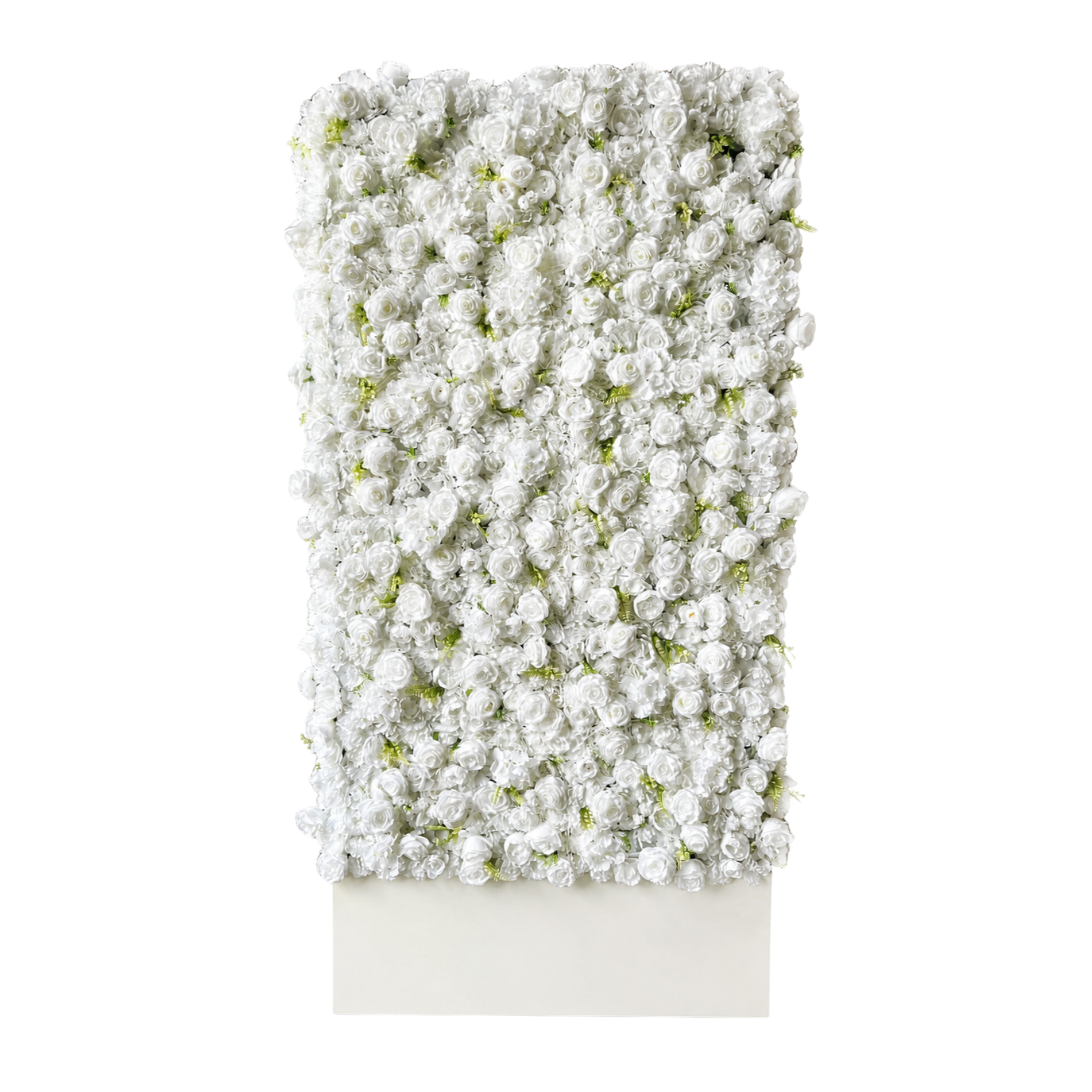 A large rectangular arrangement of white roses and flowers on a white background.