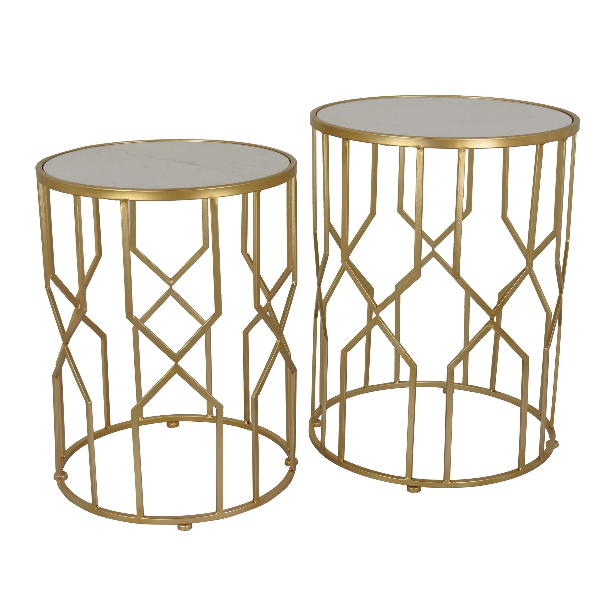 Two round side tables with gold metal frames and white marble tops.