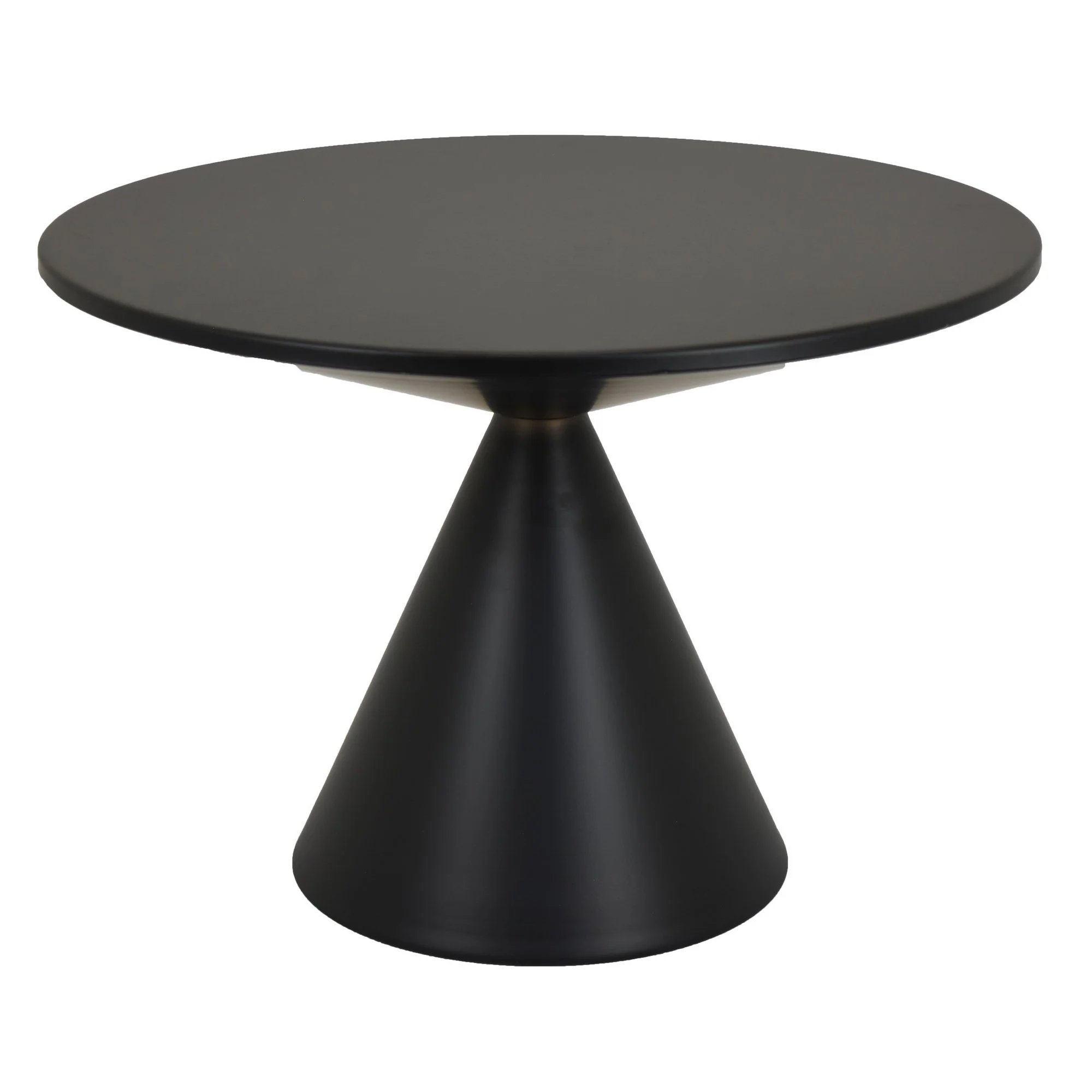 A black, circular, modern object with a wide base and a flat top surface.
