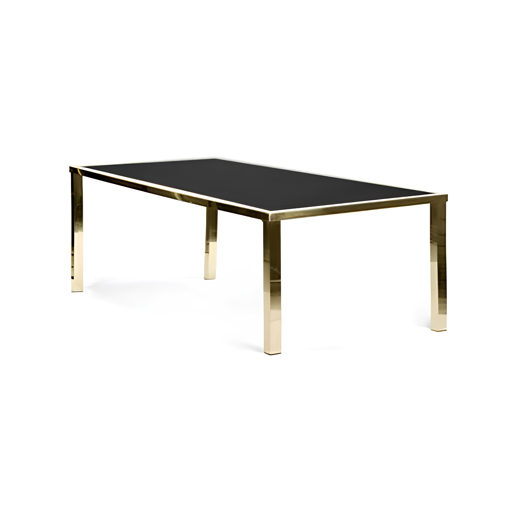 A modern table with a black top and metallic gold legs, set against a white background.