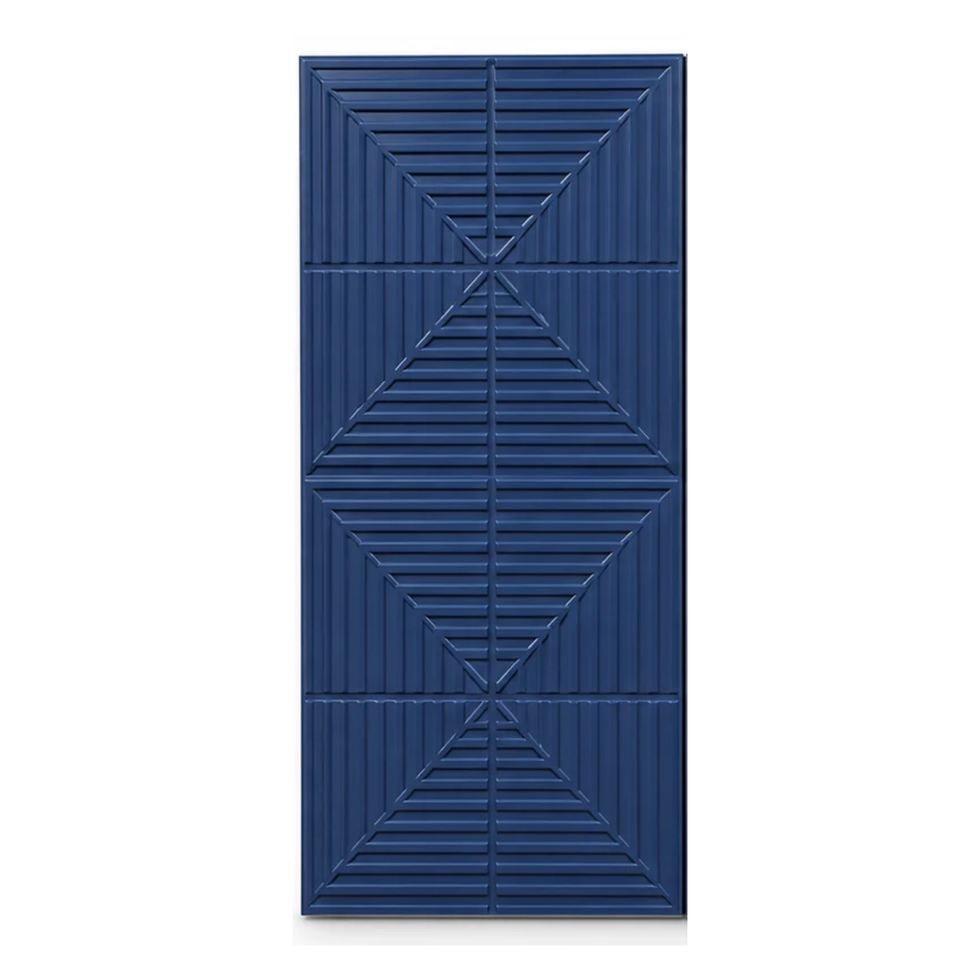 A large blue plastic crate with a grid pattern of diagonal and horizontal slats, standing vertically against a white background.