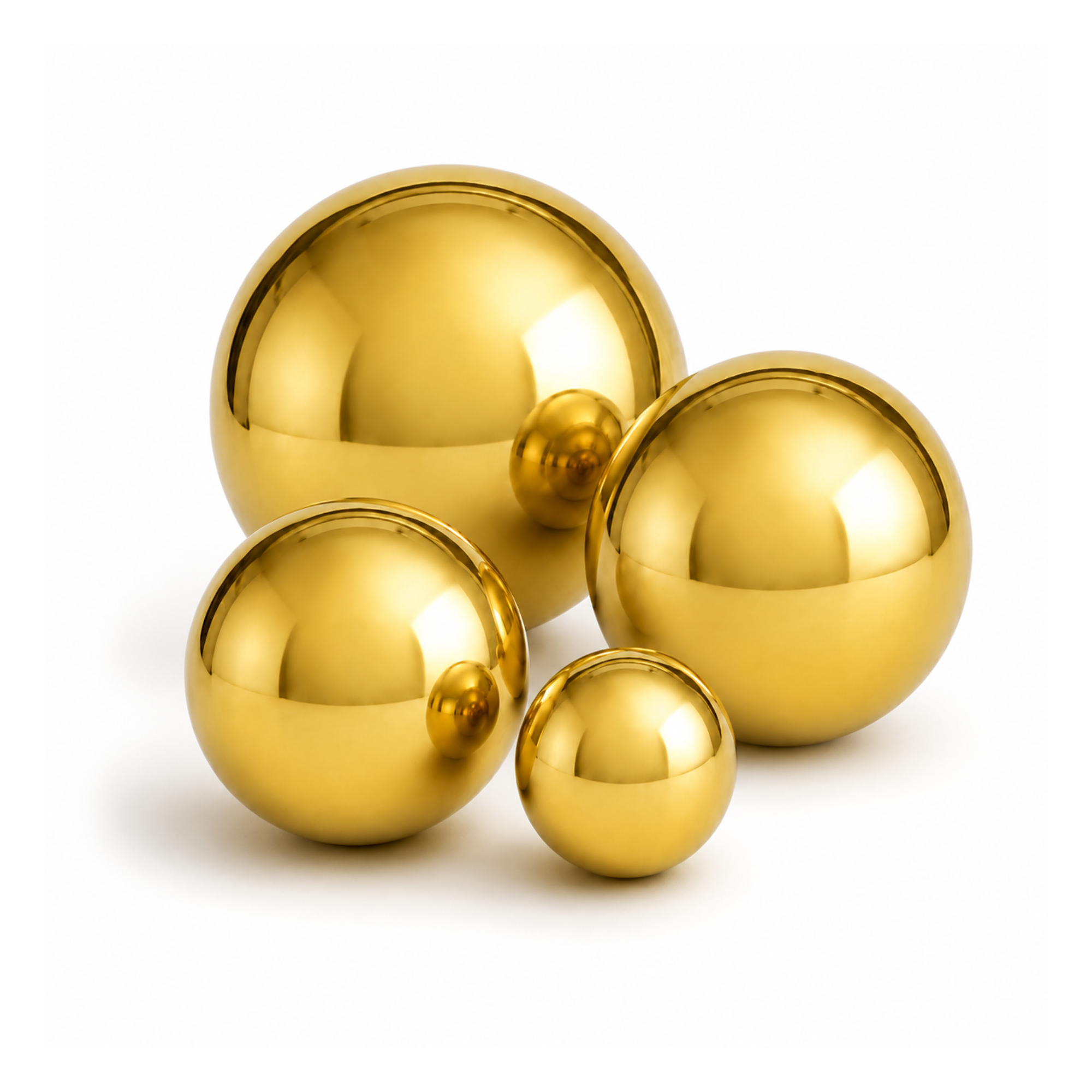 Multiple shiny gold spherical objects of different sizes arranged together against a white background.