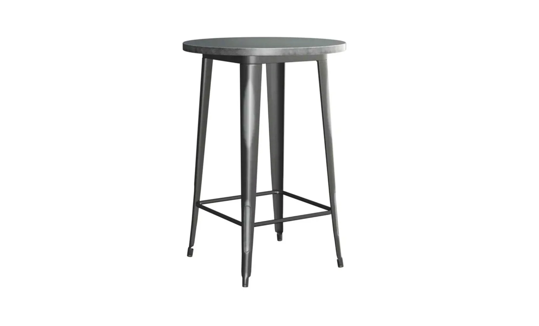 Metal bar stool with round seat and four legs connected by a square footrest