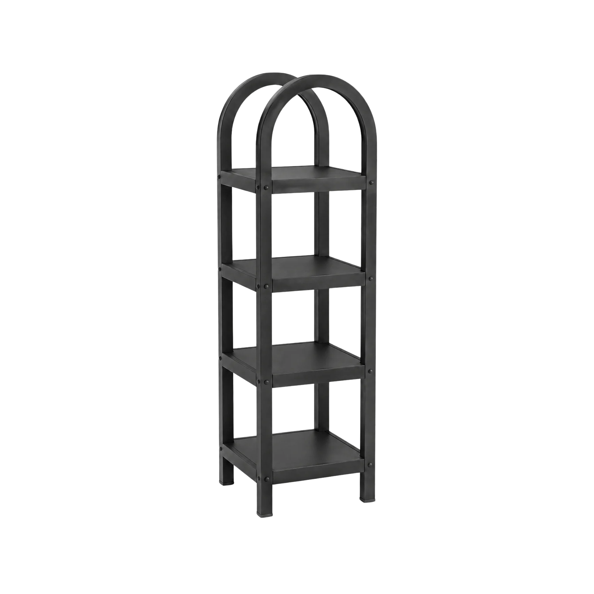 Black metal shelf with three tiers and arched frames.