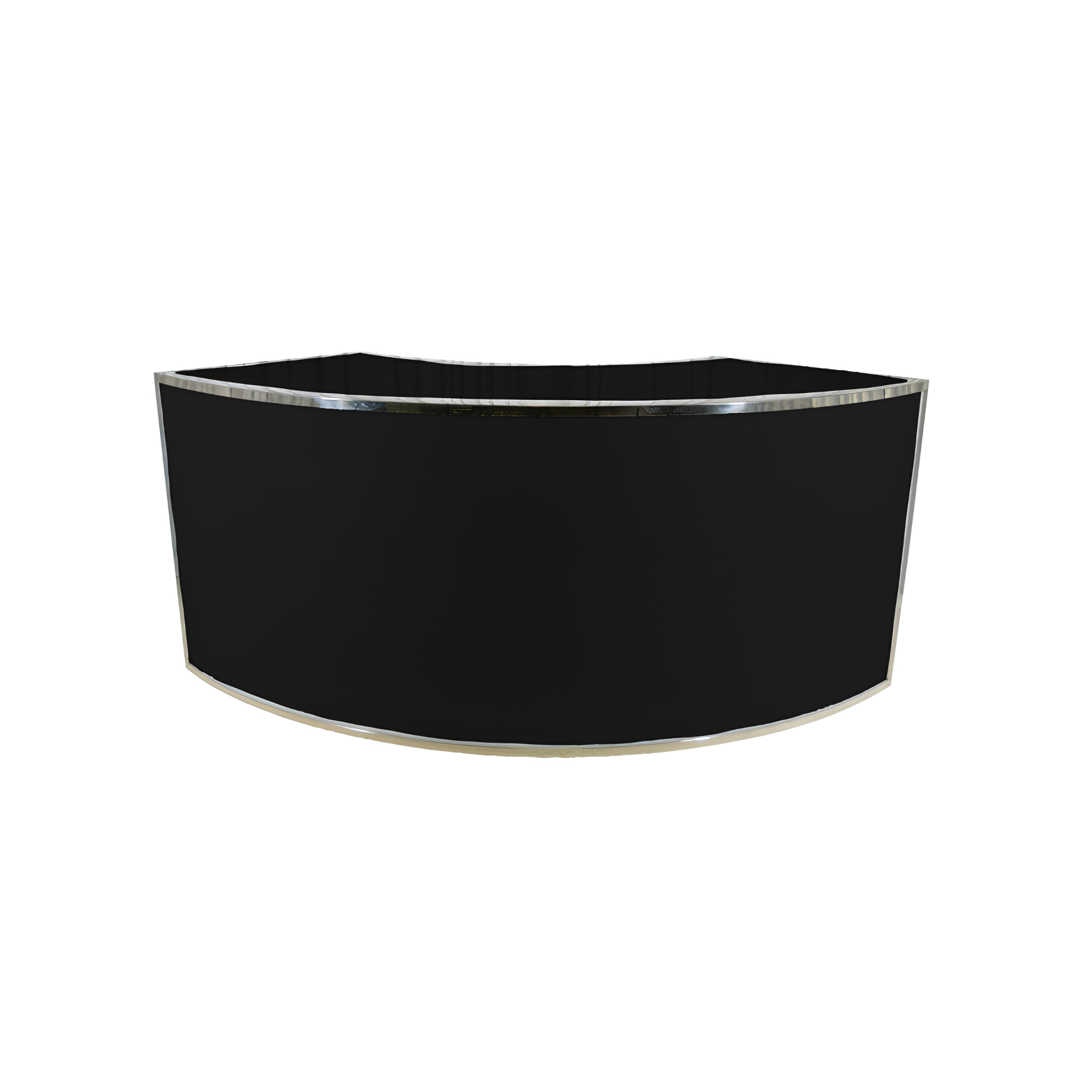 A black, empty planter with a curved design and metallic trim at the top edge.