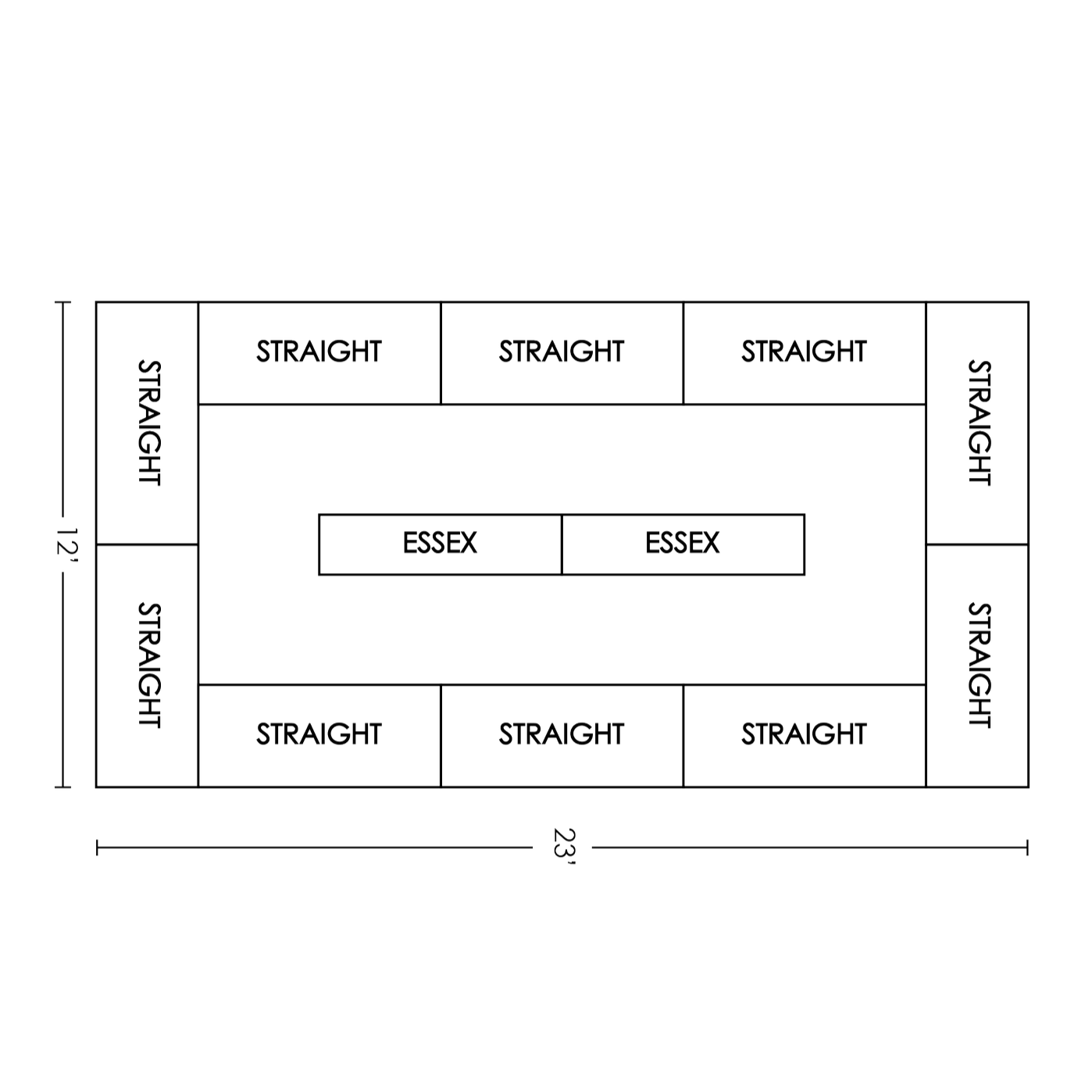A blueprint of a tennis court with labeled zones including 'Straight' on the sides, 'Essex' in the center, and dotted lines indicating boundaries, with surrounding measurements.
