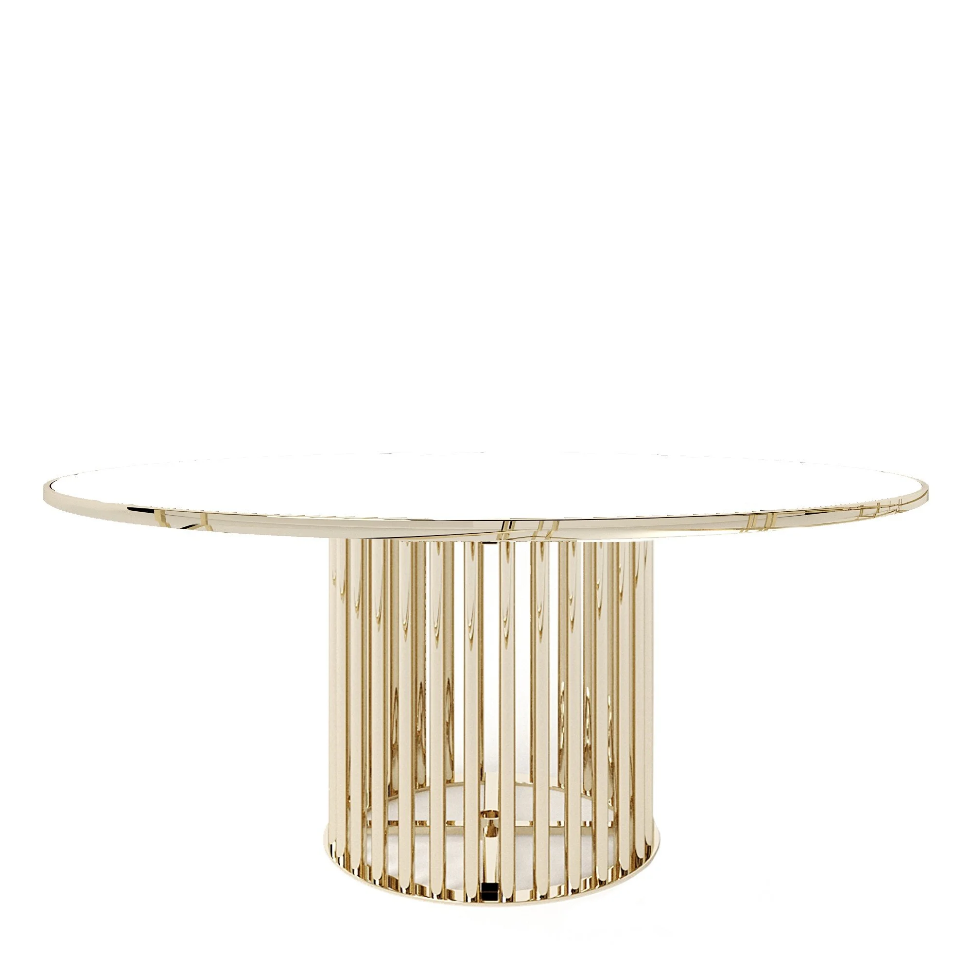A round, gold-colored, modern chandelier with multiple thin, vertical rods hanging down in a circular pattern.