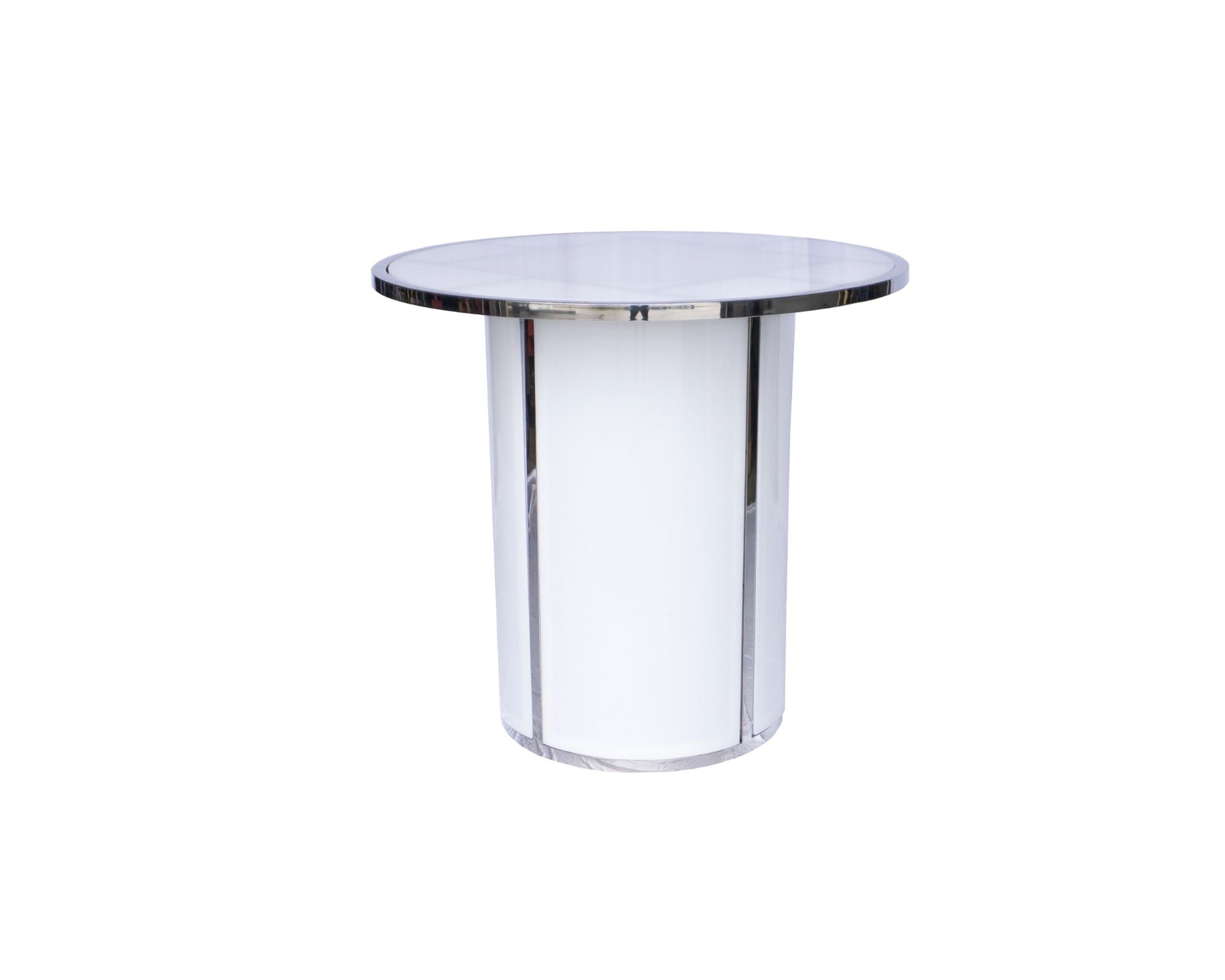 A round side table with a white top and metallic edges, supported by a cylindrical base with vertical metallic accents.