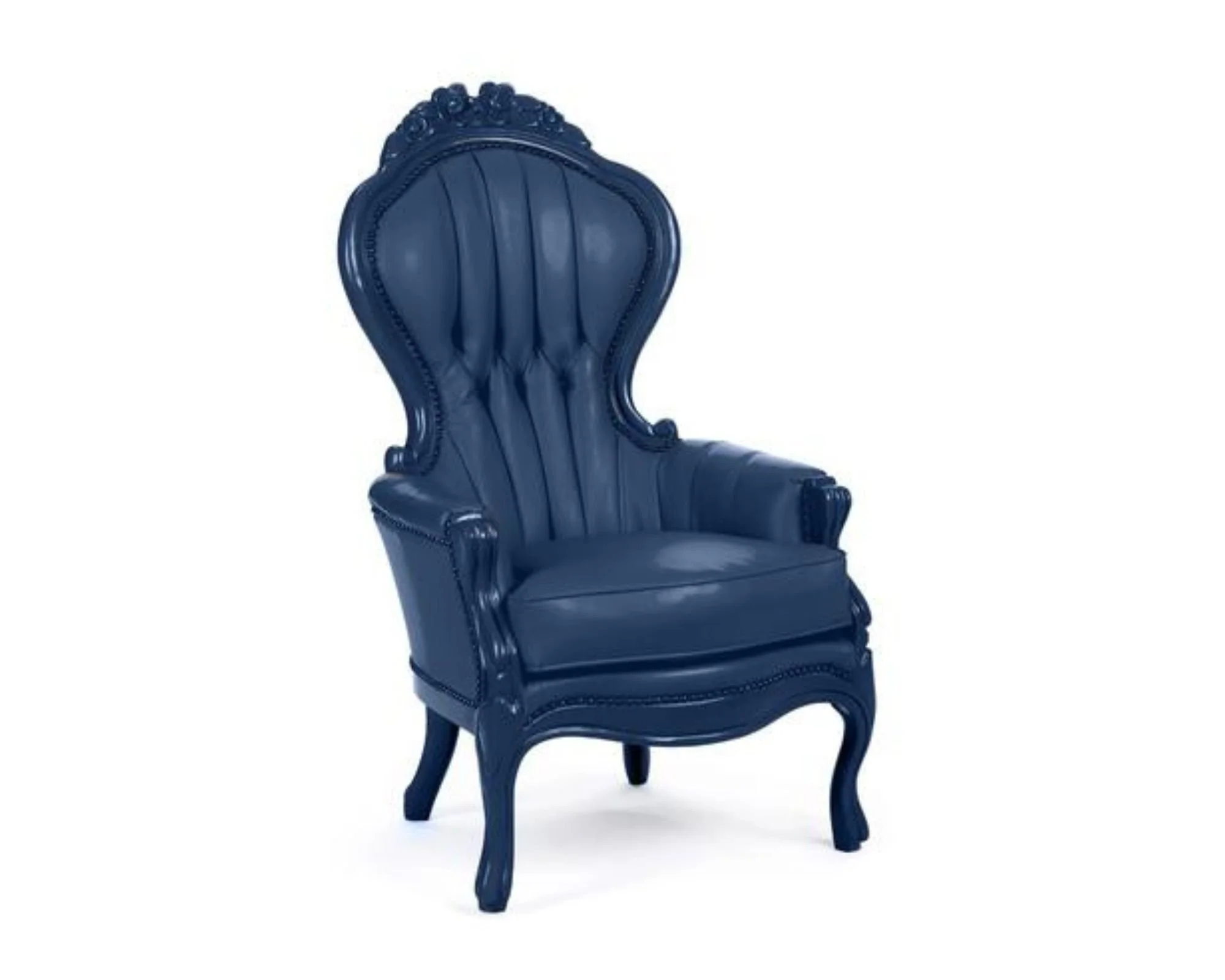 A dark blue ornate antique high-back chair with decorative carvings and vertical tufted upholstery