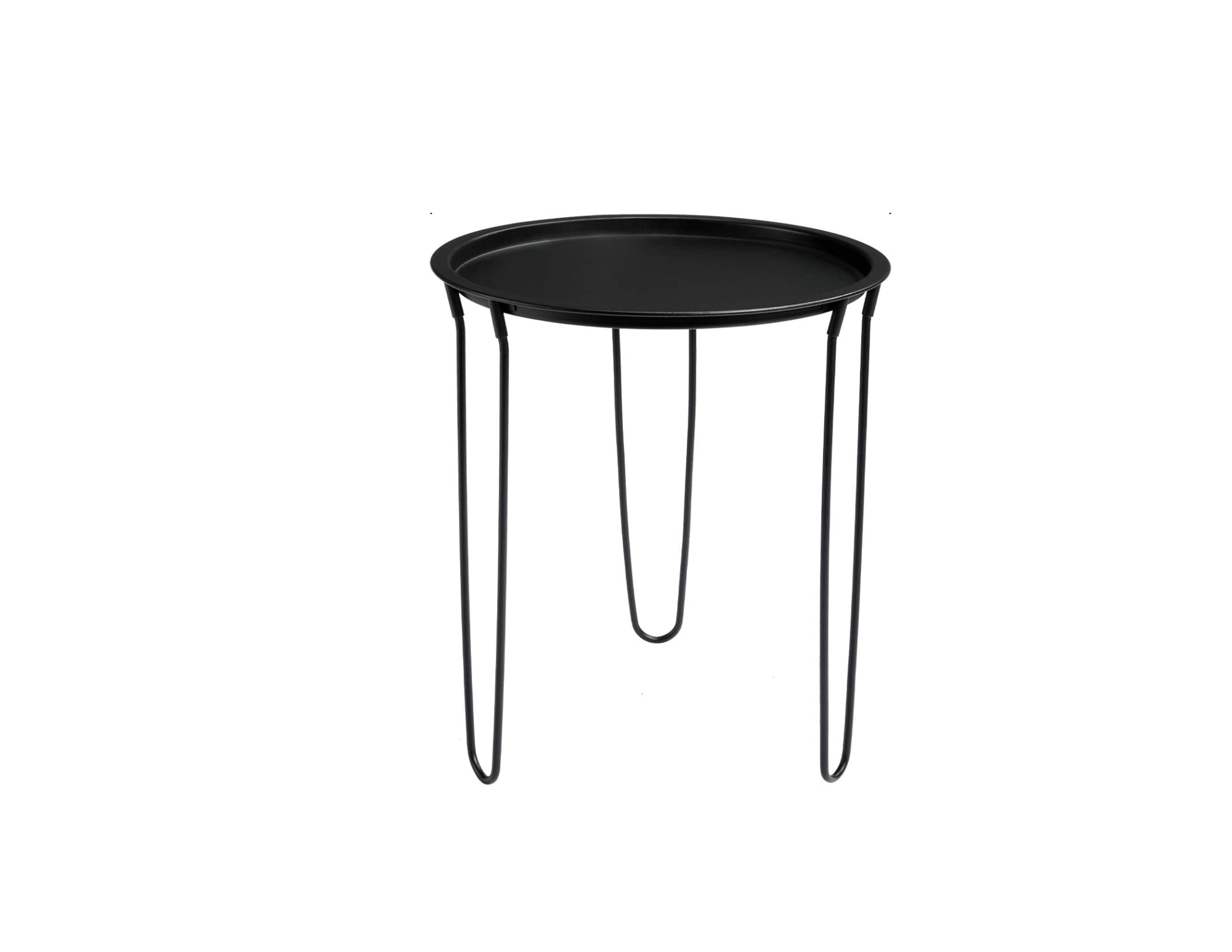 Black round tray table with metal hairpin legs.