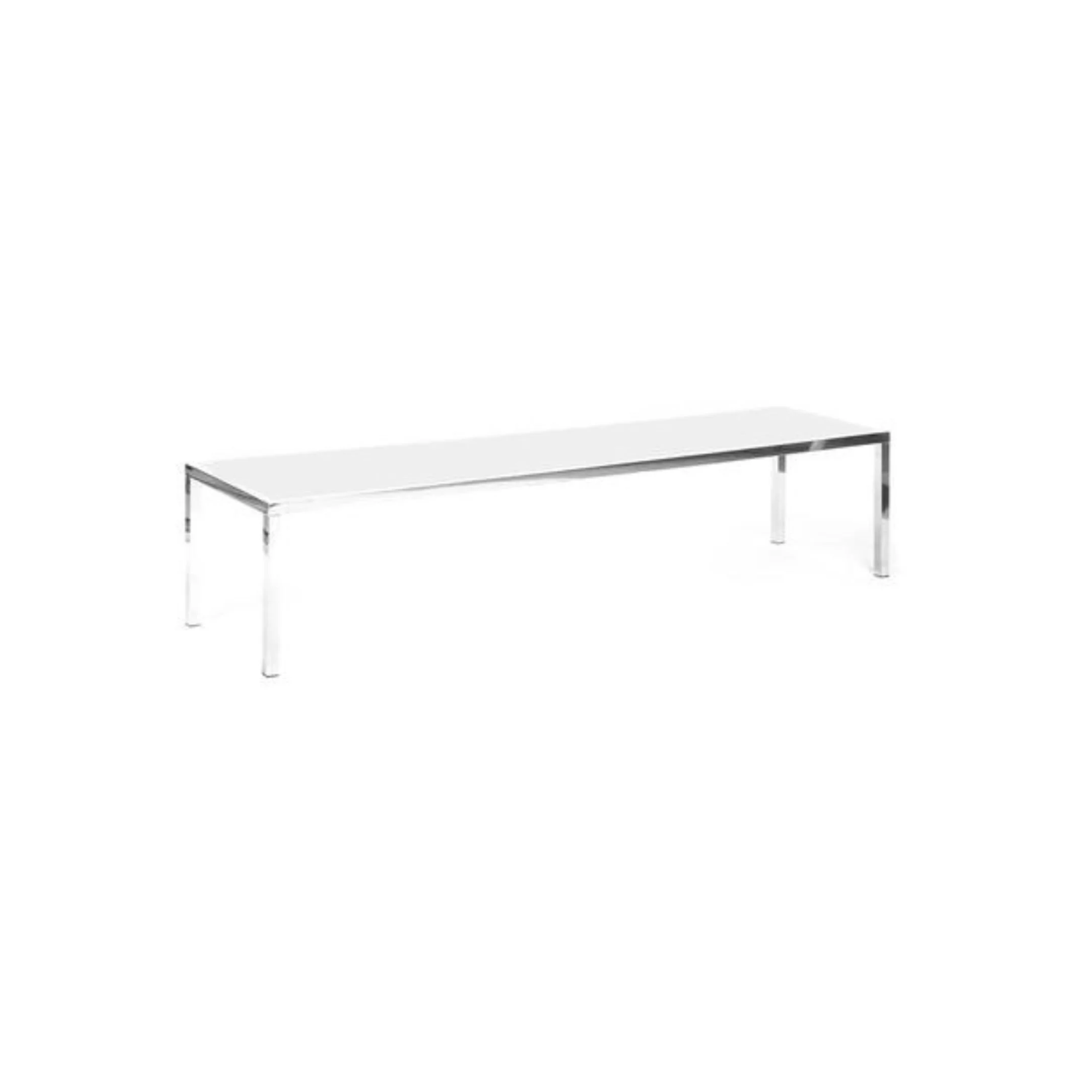 Empty white bench with metal legs on a plain white background.