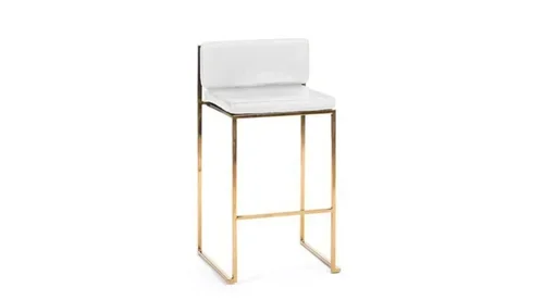 A modern bar stool with a white cushioned seat and backrest, and a gold metal frame.