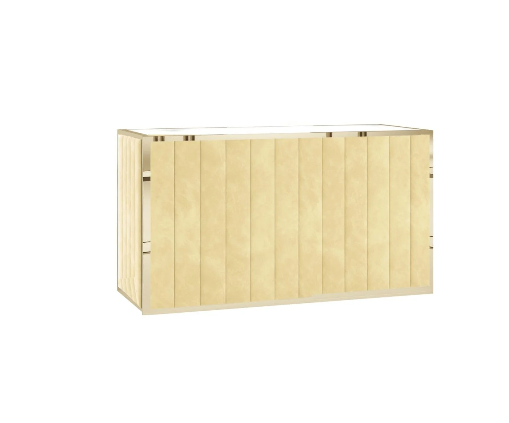A beige-colored cabinet with vertical panels and a glass top surface.