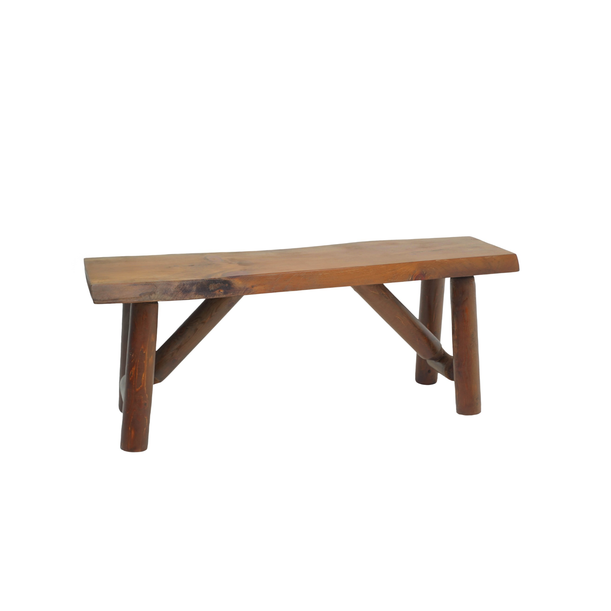 A wooden bench with a slatted top and rounded legs against a white background.