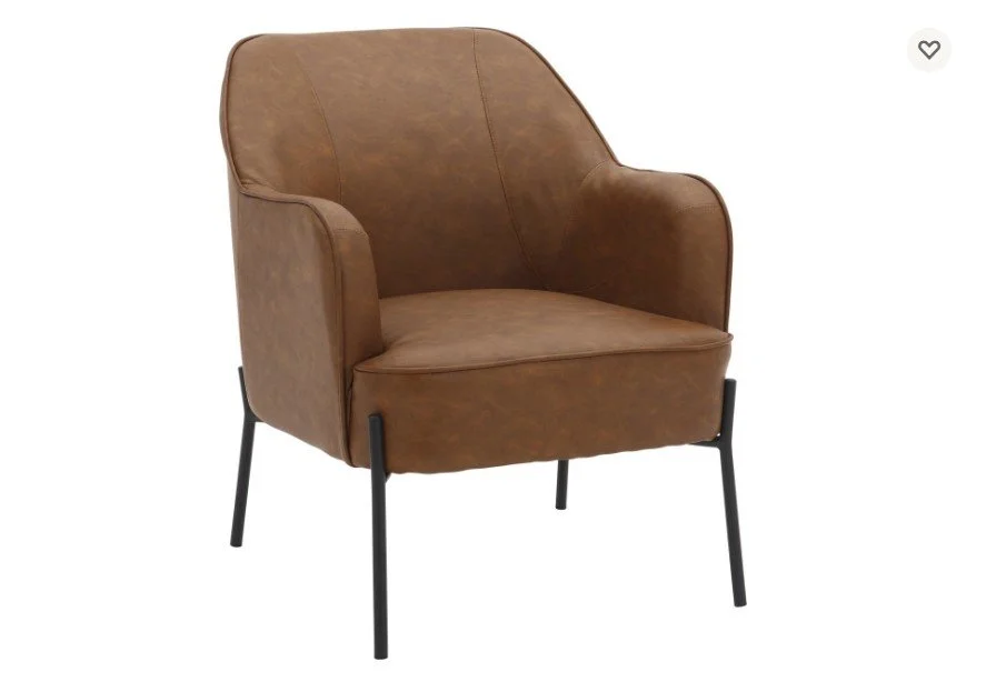 Brown leather upholstered armchair with black metal legs