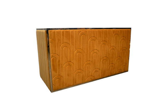 Orange wooden panel with geometric patterns and rounded arches, with black sides, isolated on white background.