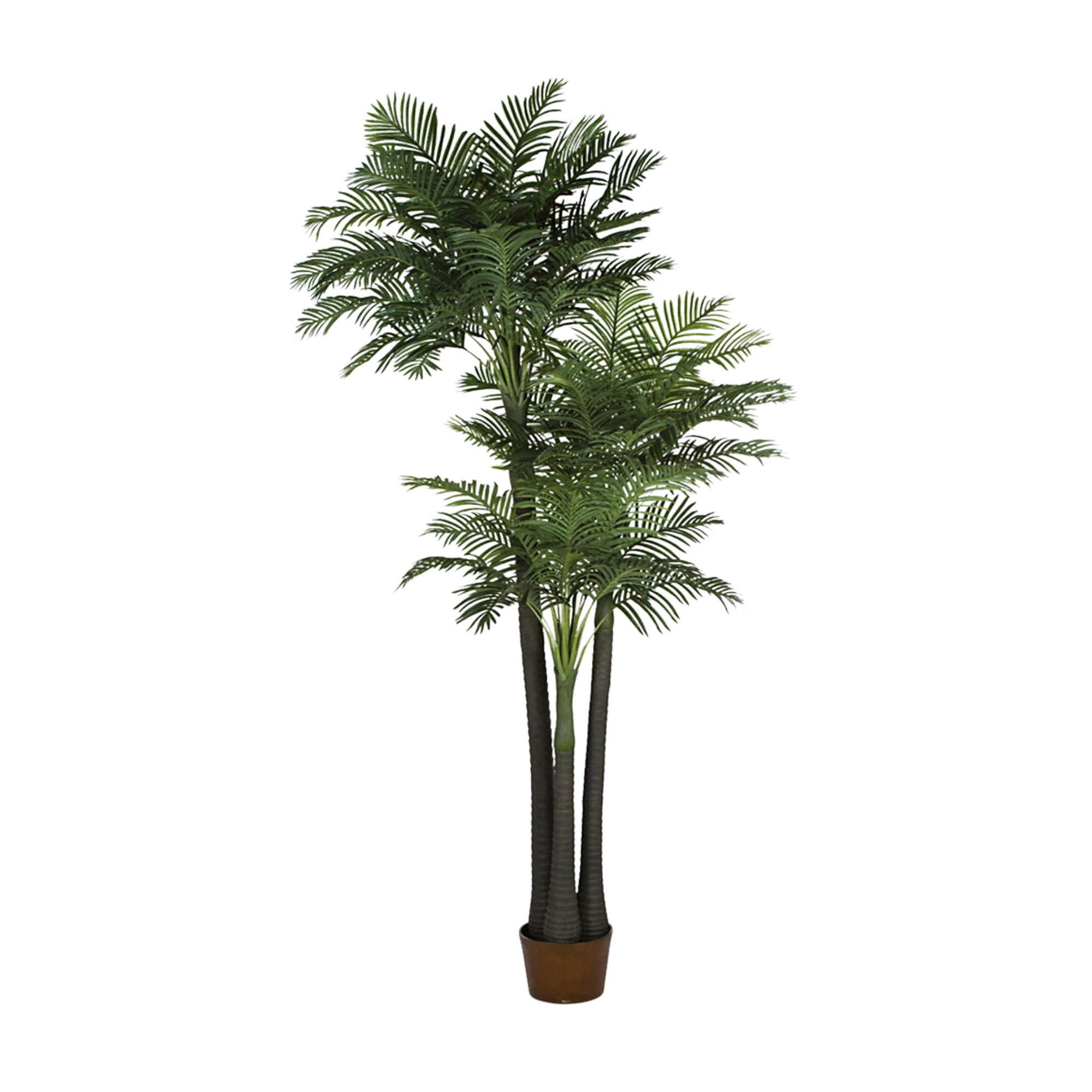 Artificial potted green palm plant with multiple fronds in a brown container