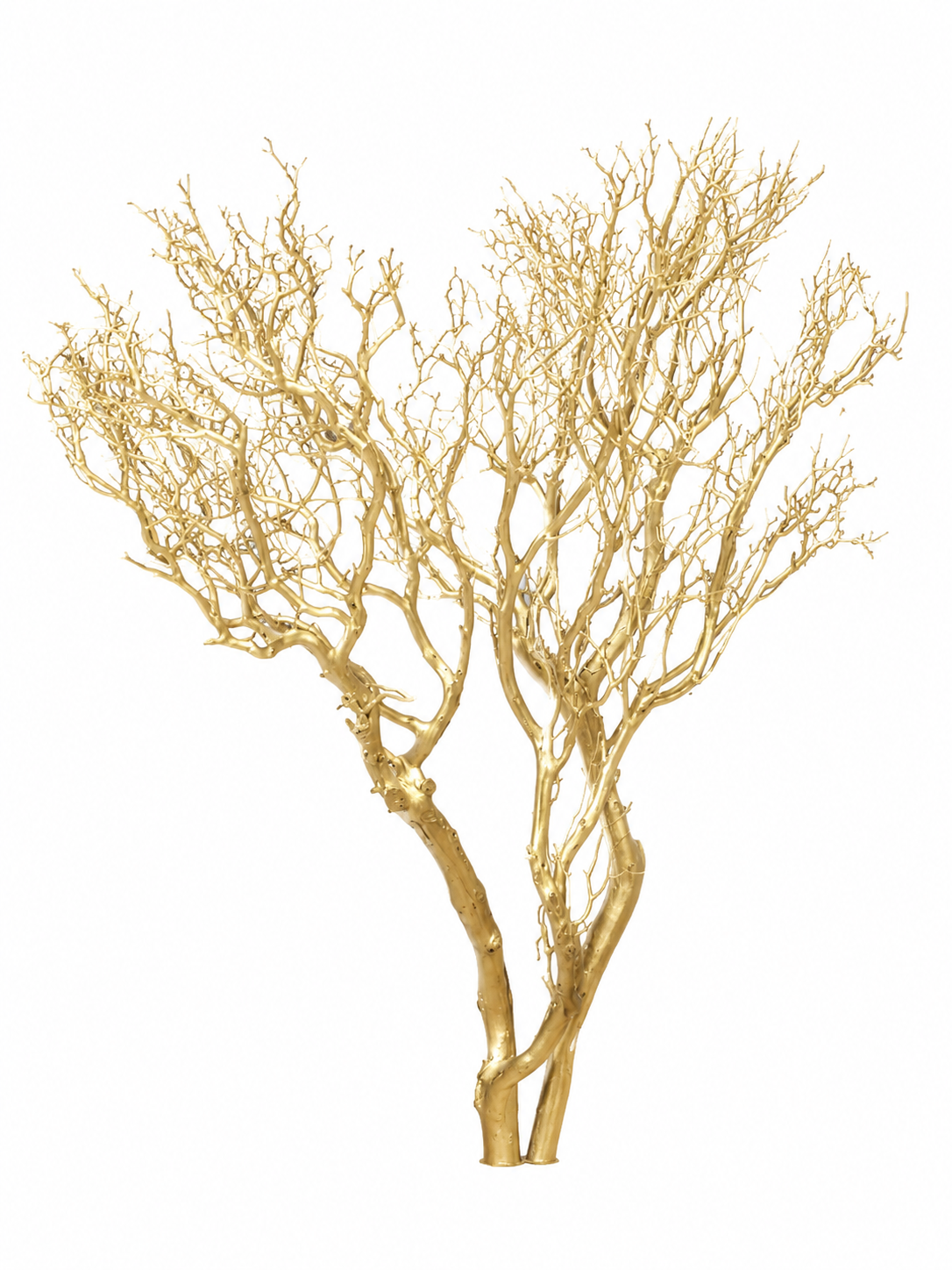 Gold-colored decorative tree sculpture with bare branches on a white background.