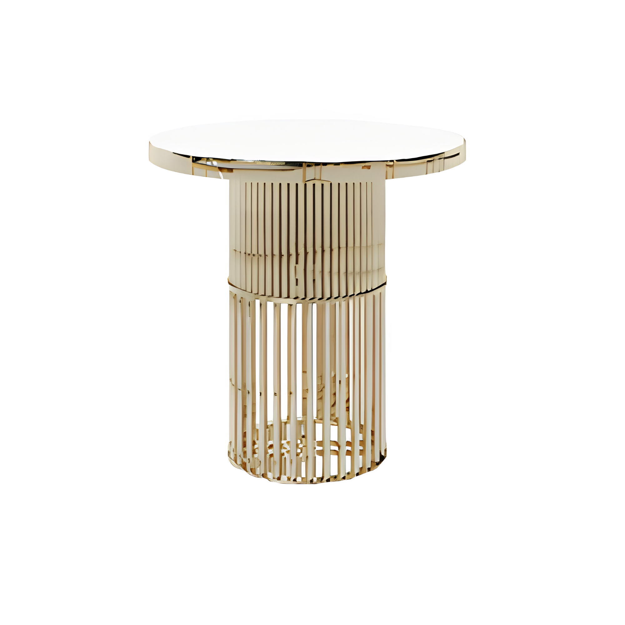 A round, white table with a unique base made of vertical wooden slats.
