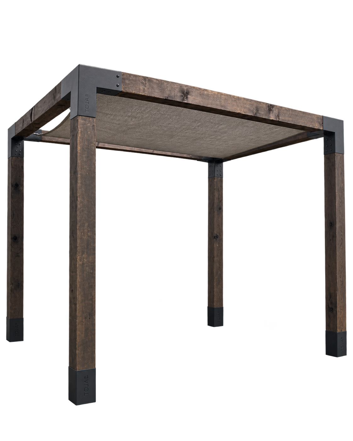 A modern outdoor pergola with wooden posts and a fabric canopy.