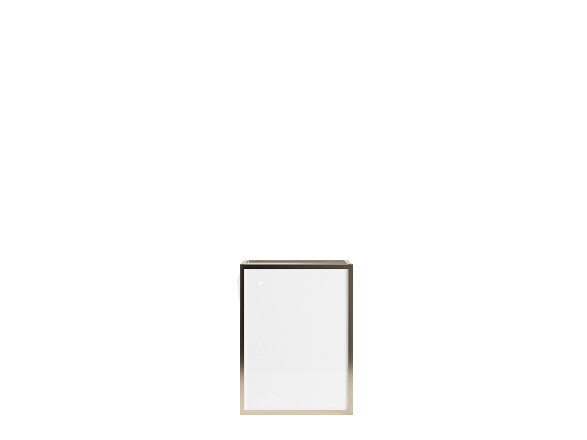 A large, empty, white rectangular display case on a black background, illuminated from above.