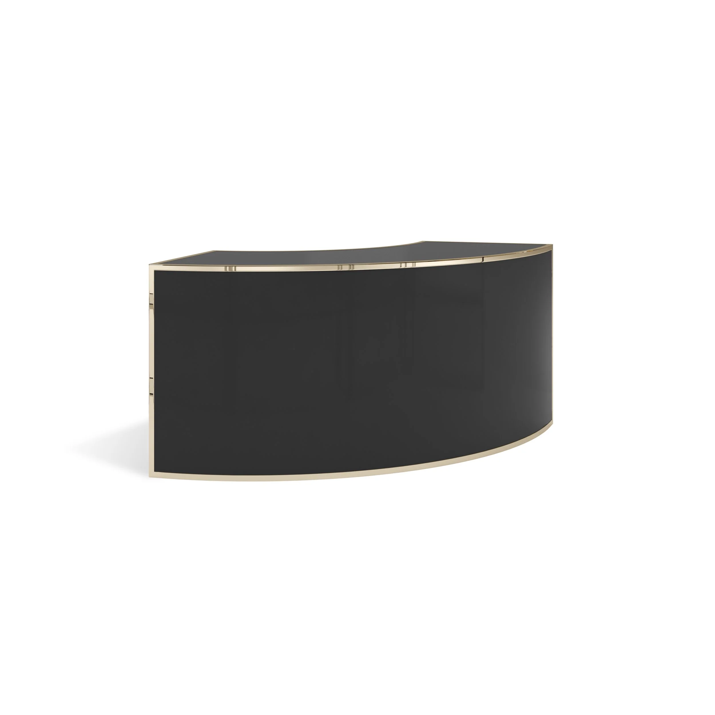 A modern black and gold curved entertainment center or TV stand.