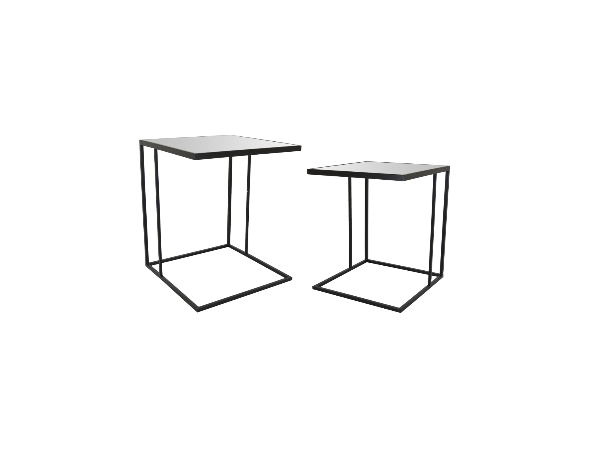 Two minimalist black metal side tables with square tops and open rectangular frames, arranged against a plain white background.