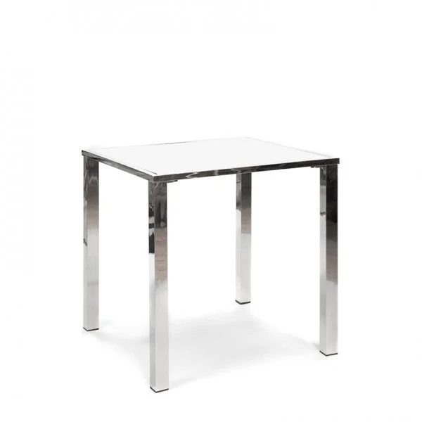 A modern side table with a white top and metallic legs.