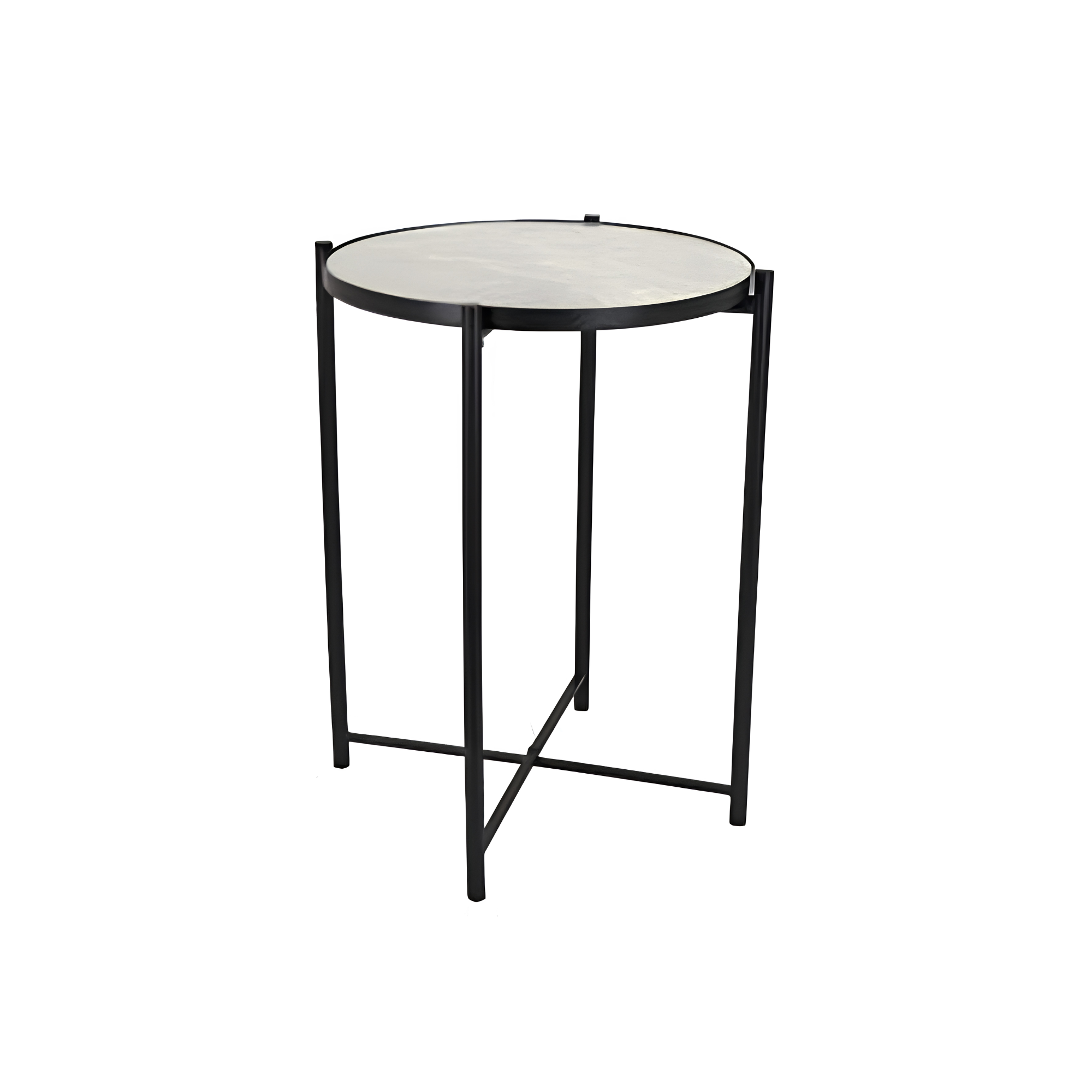 A modern round side table with a black metal frame and a white marble top.