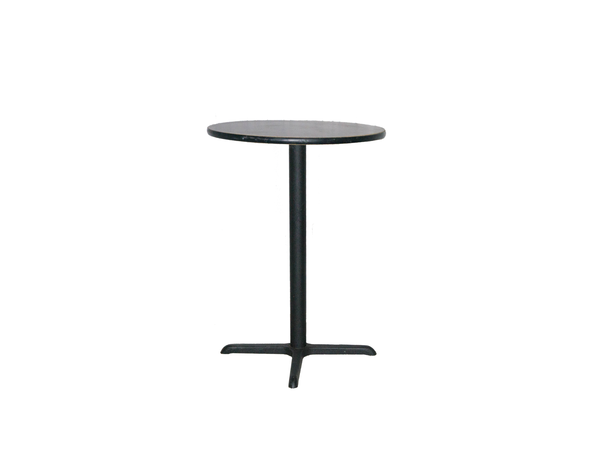 A black round table with a single central support and three legs, against a plain white background.