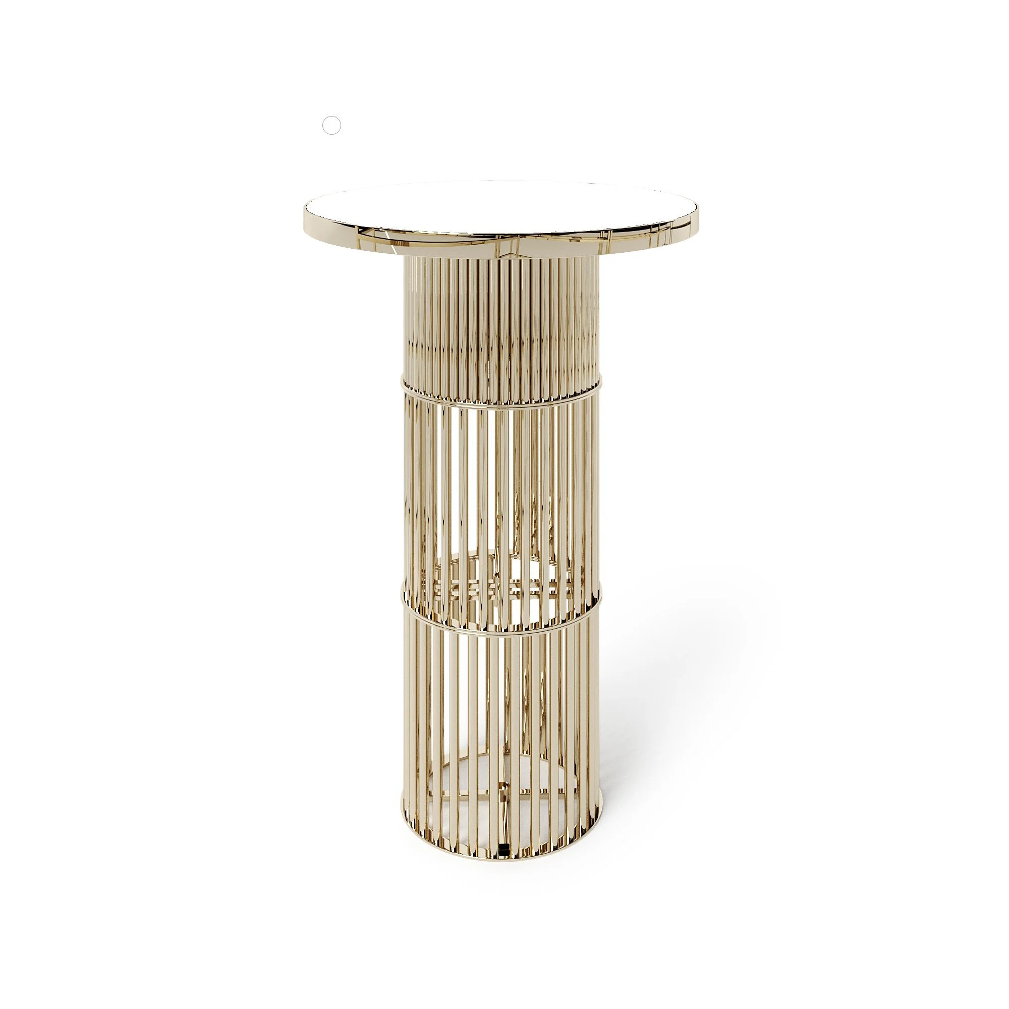 A tall, round table with a reflective white top and a gold-colored, column-like base with vertical slats.