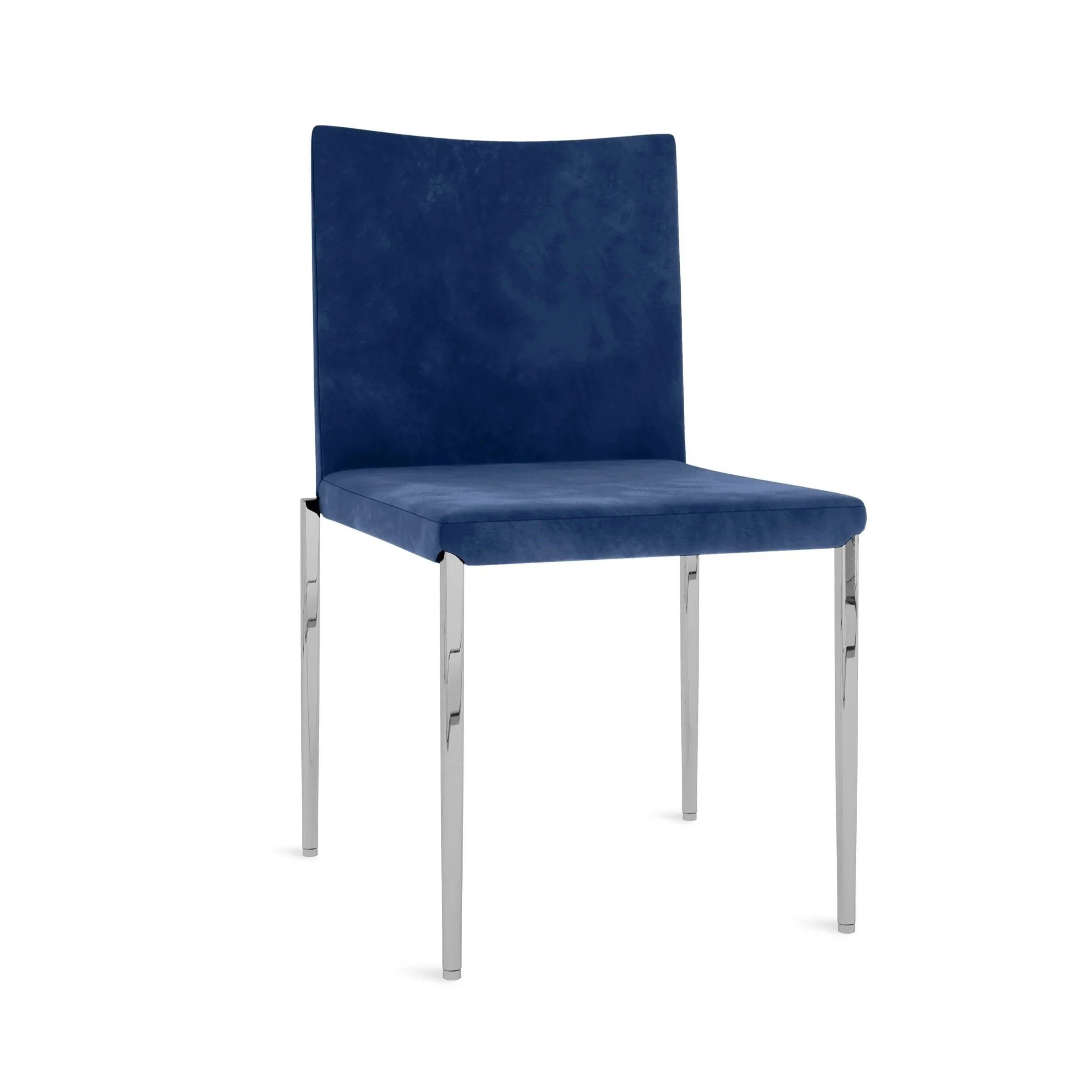 A blue high-backed chair with silver legs, shown against a white background.