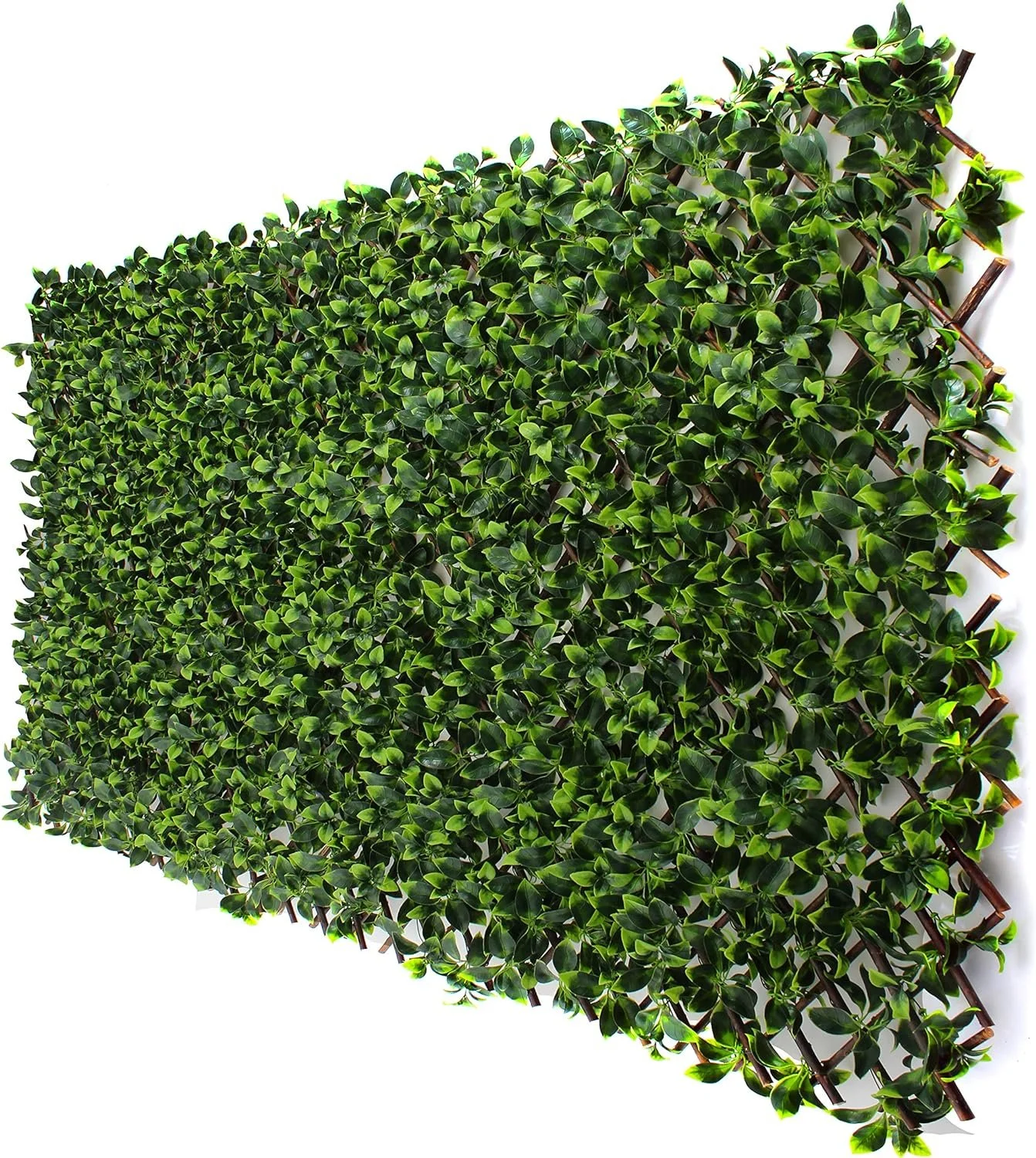 Artificial green hedge panel with small oval leaves and a brown stick lattice backing.