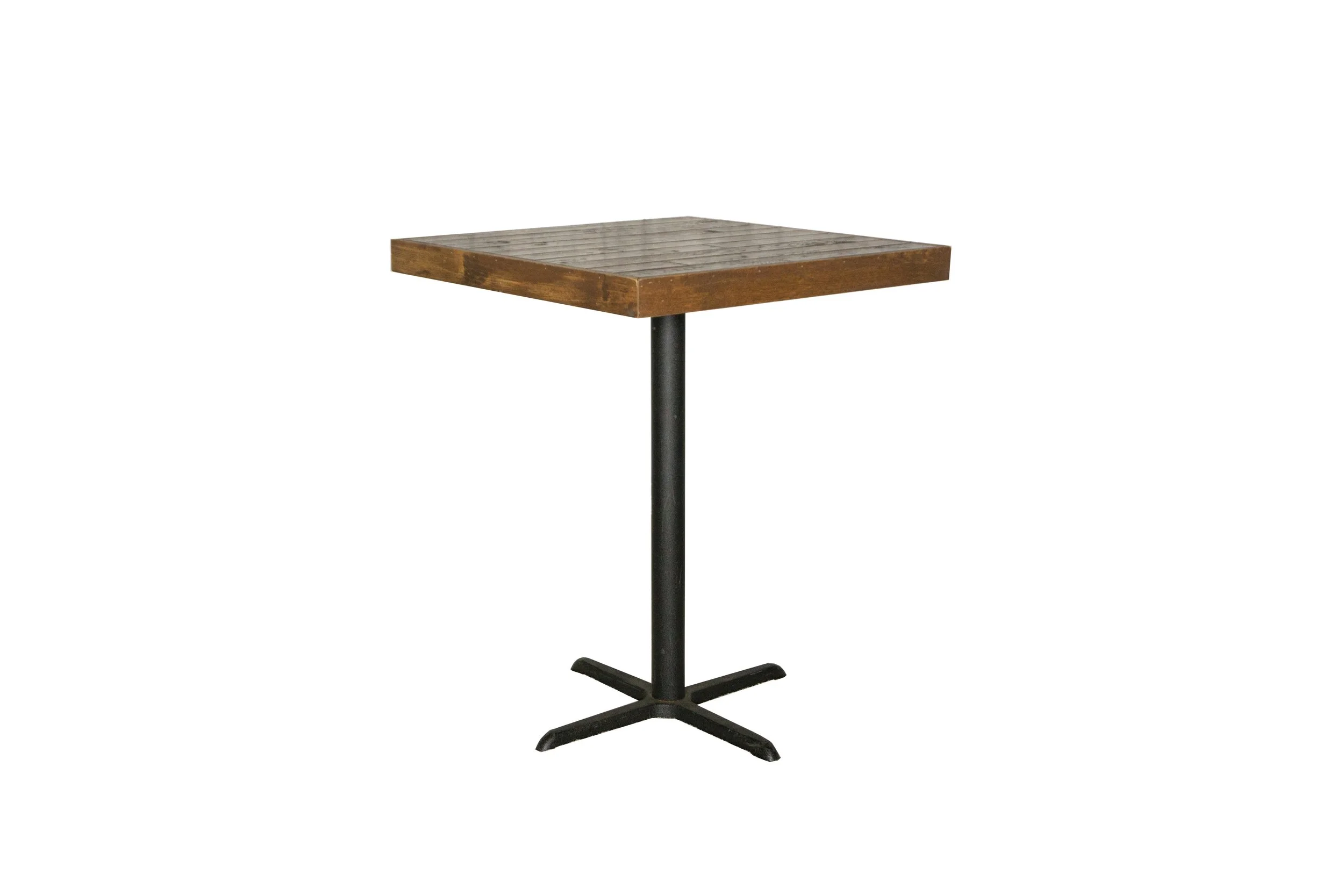 Wooden square table with black metal stand and four-legged base.
