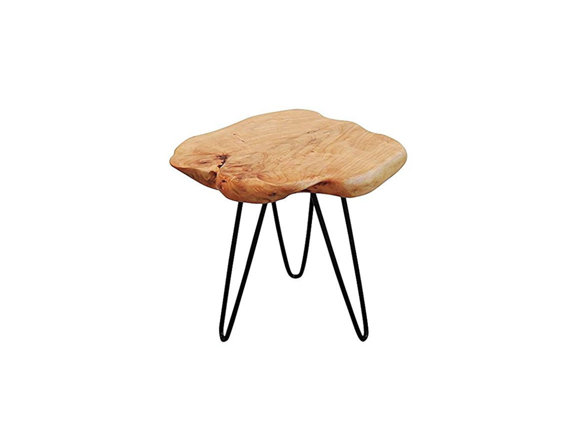 Wooden side table with black metal hairpin legs.