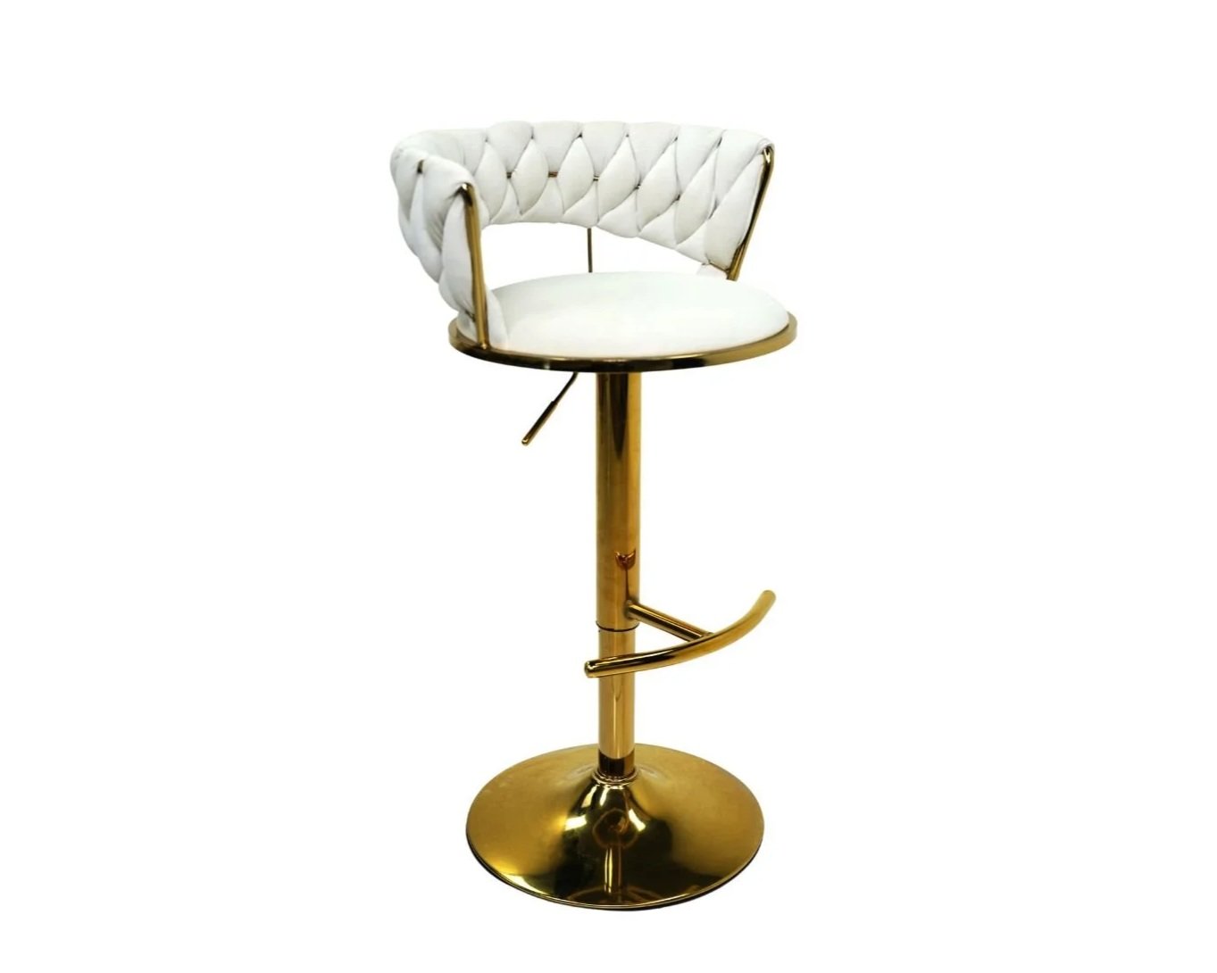 A modern bar stool with a gold metallic base, footrest, and post, featuring a white cushioned seat and a backrest with white padded upholstery.