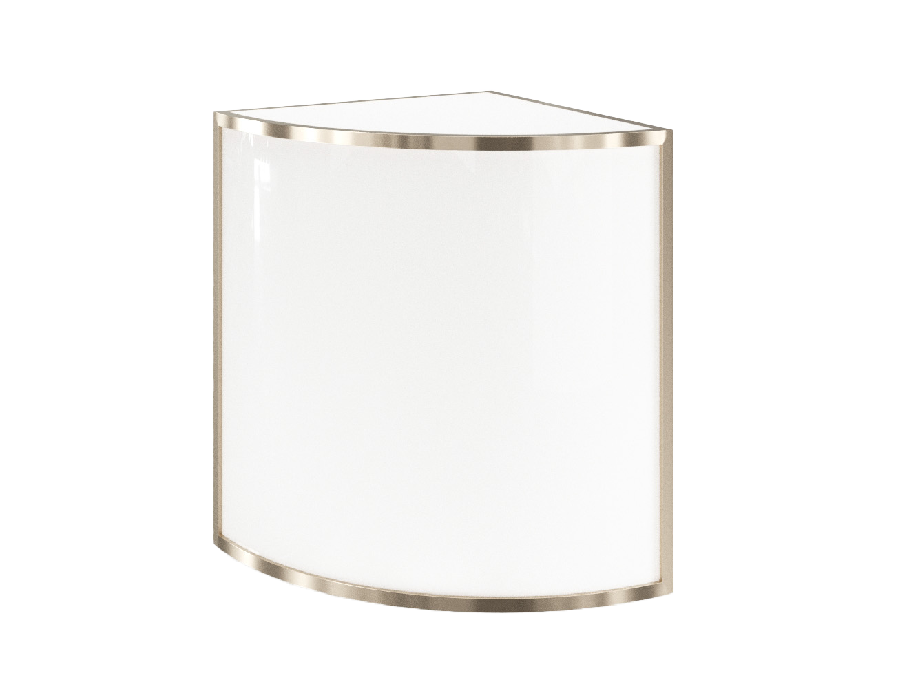 A curved, modern reception desk with a white front panel and metallic trim.