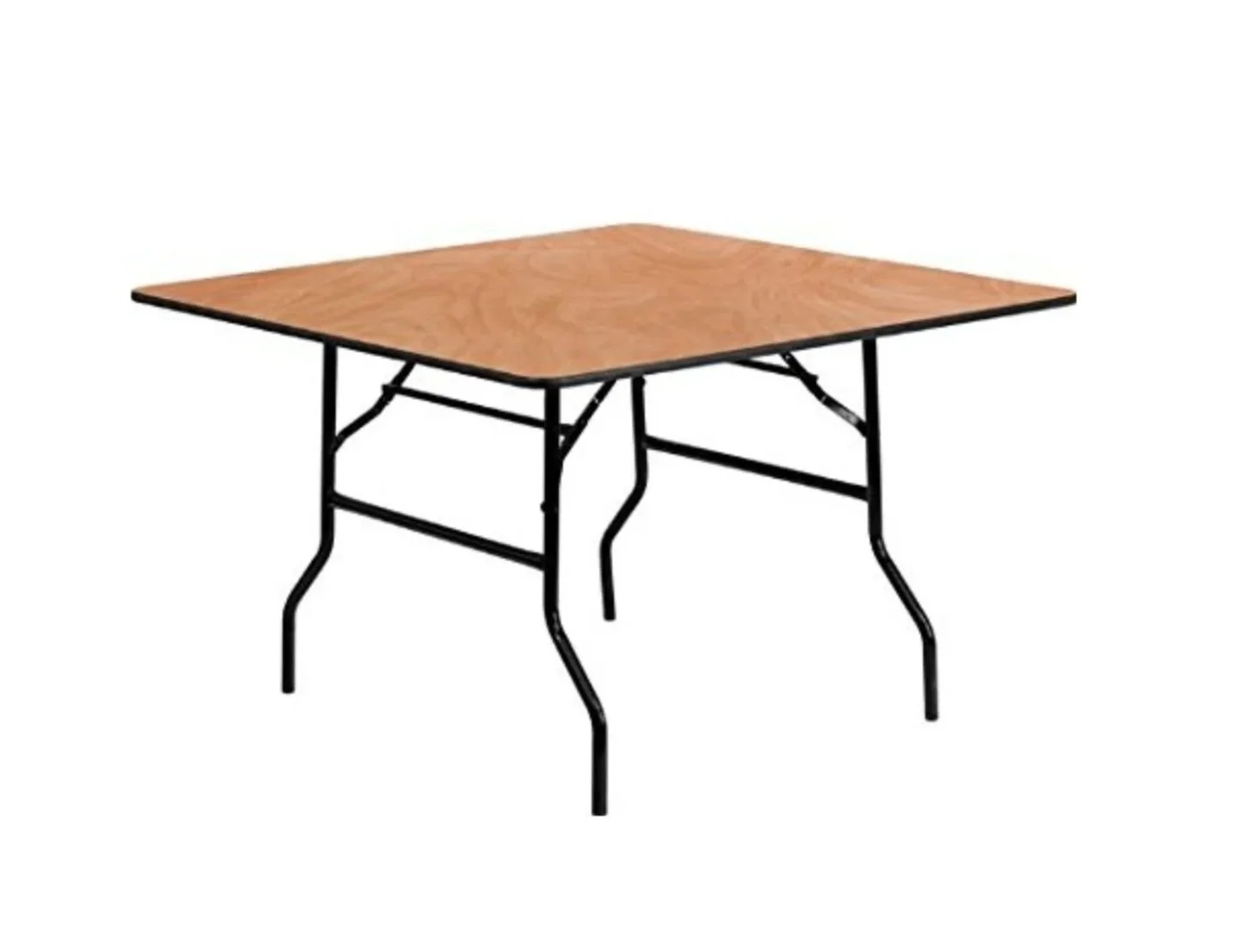 A folding table with a wood surface and black metal legs.
