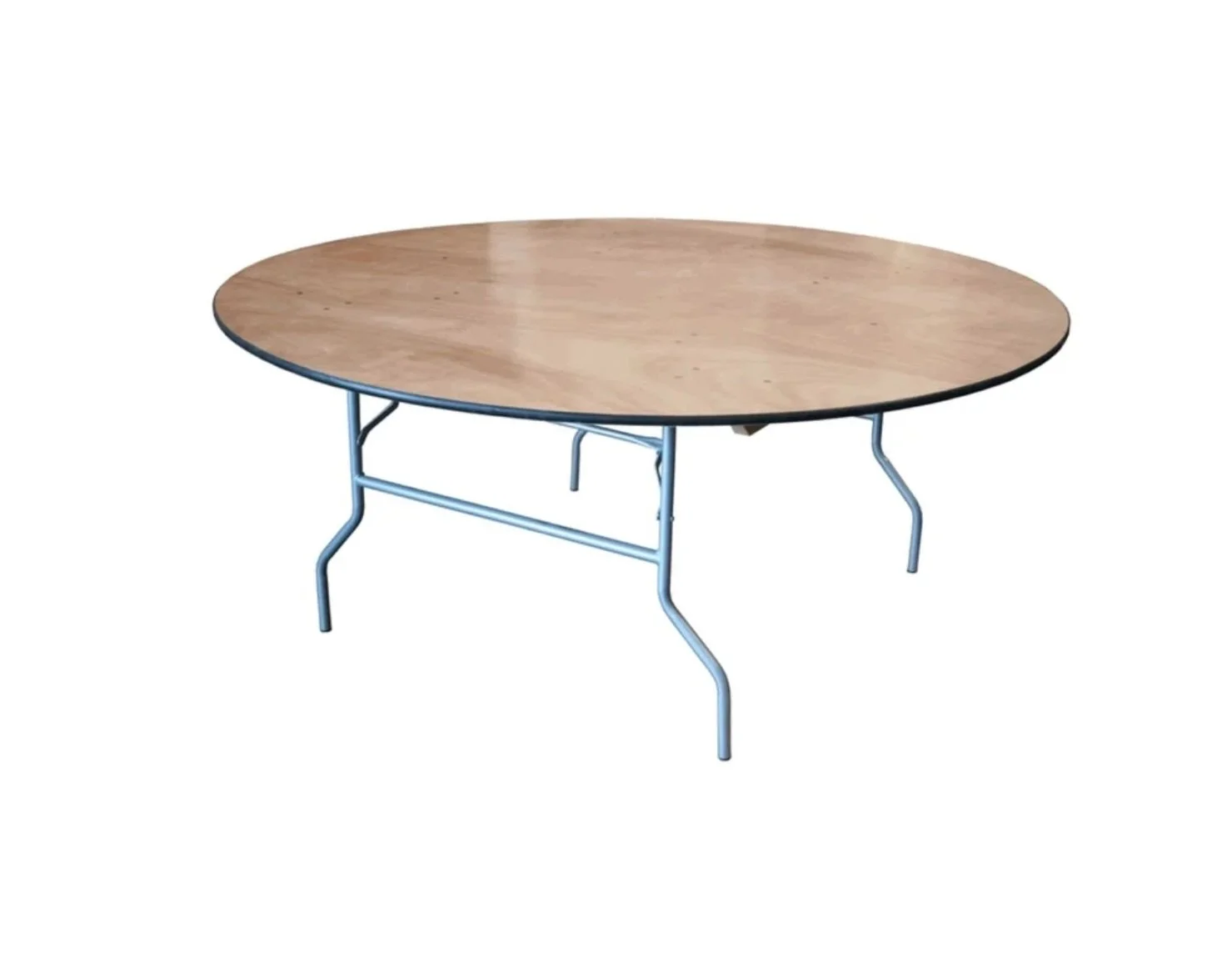 A round folding table with a wooden top and metal legs.