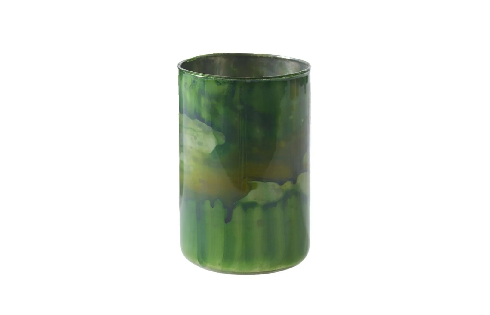 A metallic cylindrical container with a green marble pattern exterior finish.