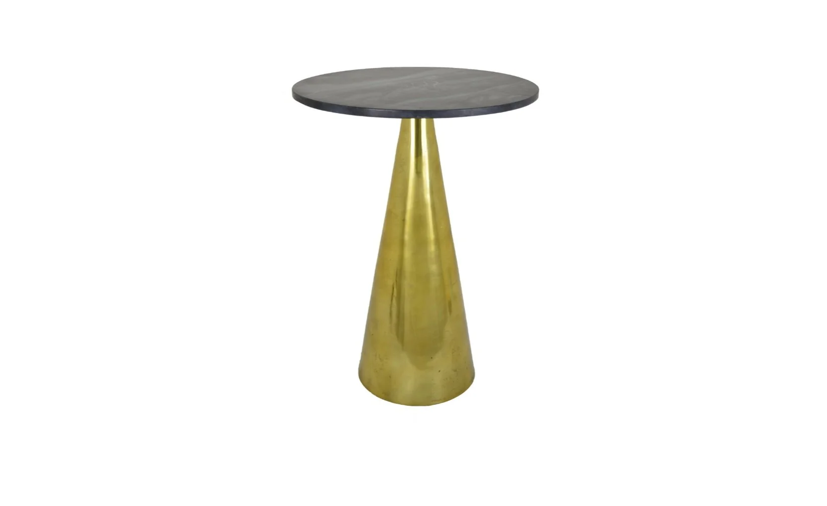 A round black table with a conical gold base.